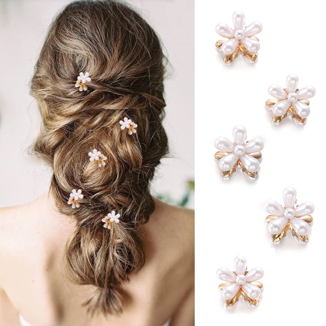 Upavista White Pearl Mini Claw Hair Clips - Floral Design Metal Barrettes for Women & Girls (10 Pack) - Perfect for Weddings, Parties & Everyday Hairstyles