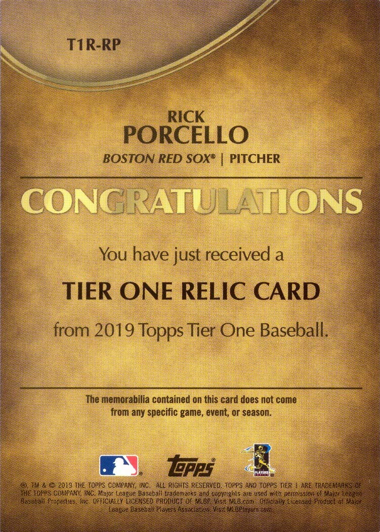 2019 Topps Tier One Rick Porcello Game Jersey Baseball Card - Limited 375 for Collectors & Fans