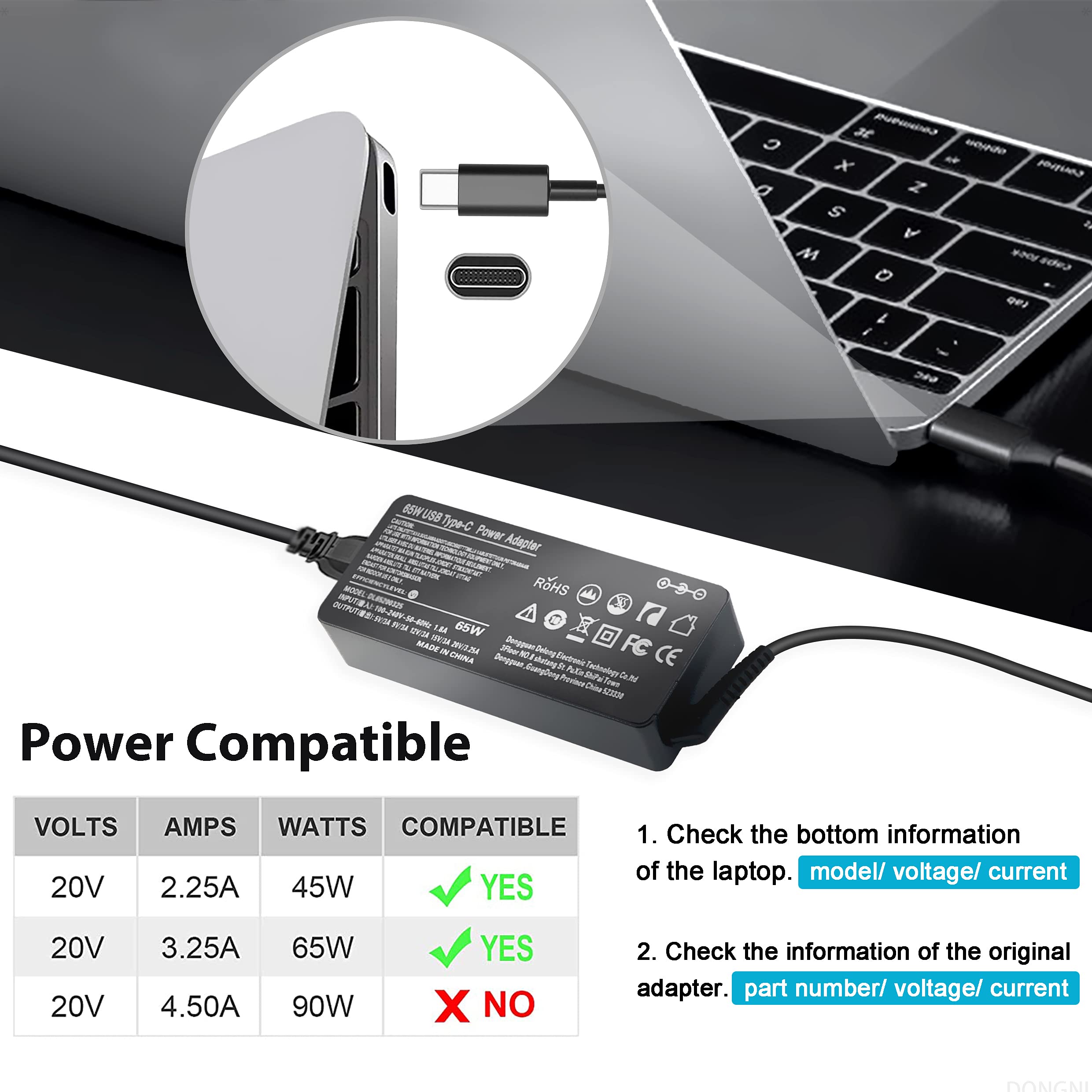 65W USB C Charger for HP Chromebook X360 14/13/11 & Spectre EliteBook - Fast Type-C Laptop Power Adapter - Perfect for Home, Office and Travel Use