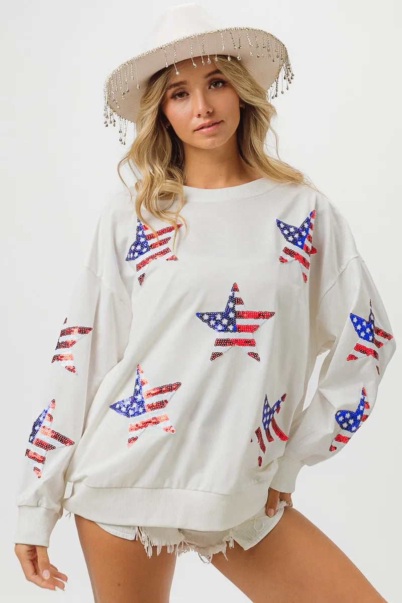 BiBi American Flag Sequin Star Sweatshirt - Patriotic Pullover with Sparkling Stars | Perfect for 4th of July, Veterans Day & USA Themed Parties