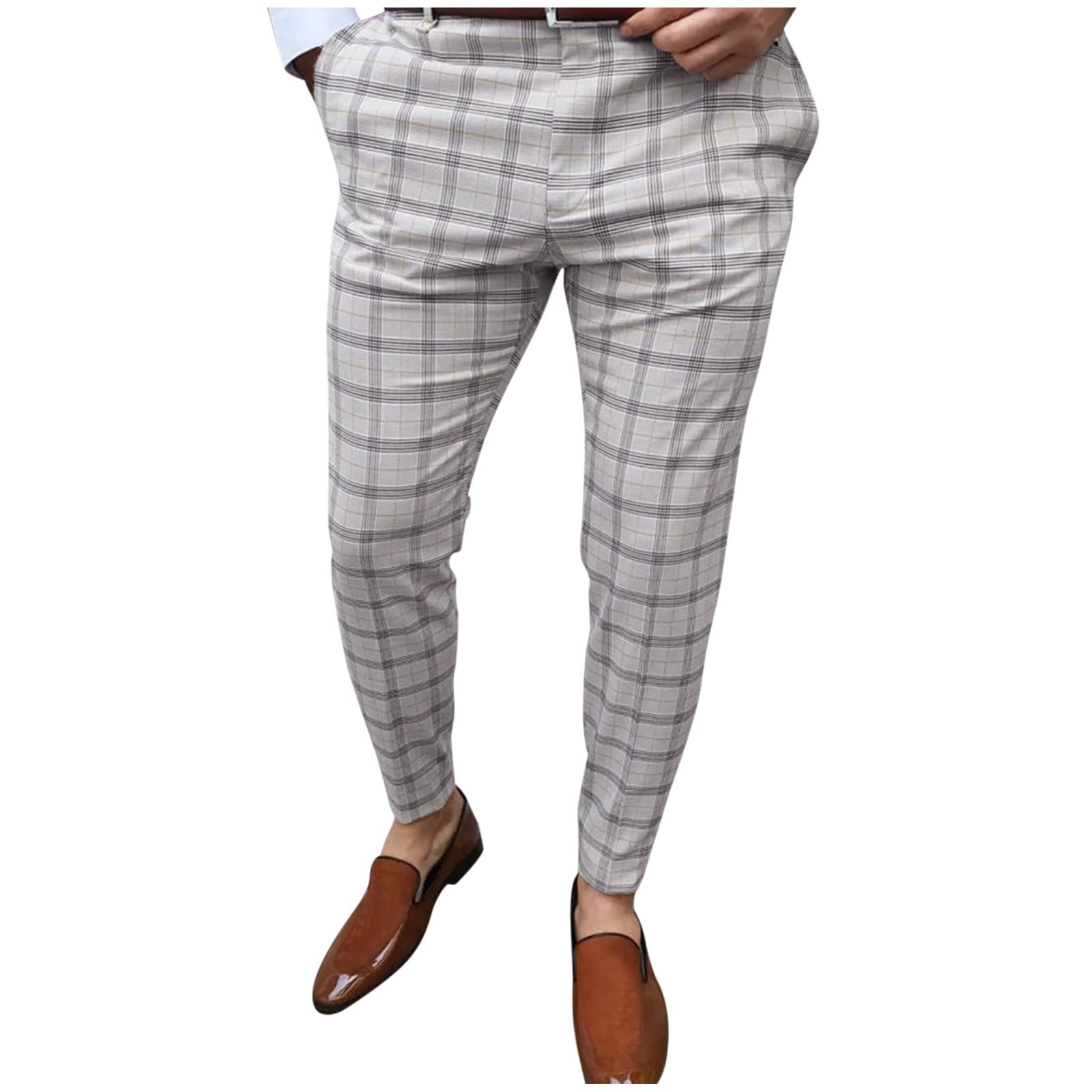 Men's Casual Plaid Print Skinny Pencil Pants - Elastic Waist with Zipper Detail - Comfortable Stretch Trousers for Work, Travel & Everyday Wear