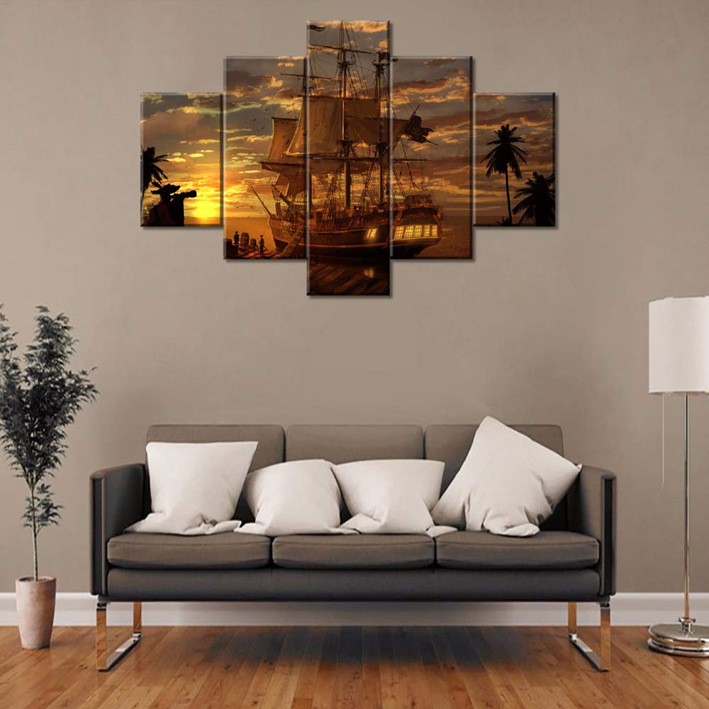 Sailing Ship Beach Scenery Wall Art - 5 Panel Nordic Modern Framed Canvas Painting for Living Room Decor (60