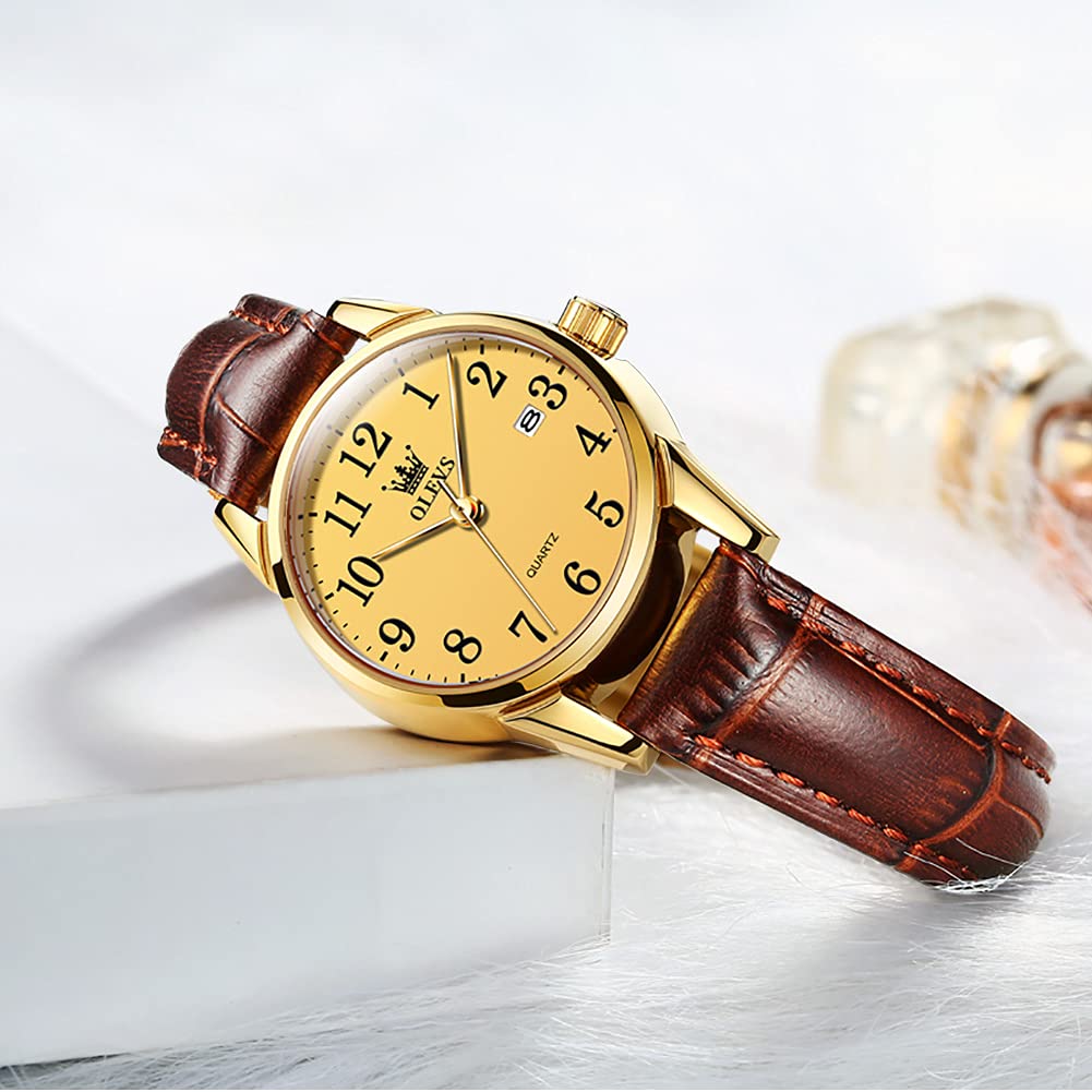 OLEVS Women's Business Dress Watch - Brown Leather Strap, Small Analog Face, Quartz Movement with Calendar & Date Display | Waterproof & Luminous | Perfect for Office, Formal Events & Everyday Wear | Classic Retro Style Ladies Wristwatch Gift