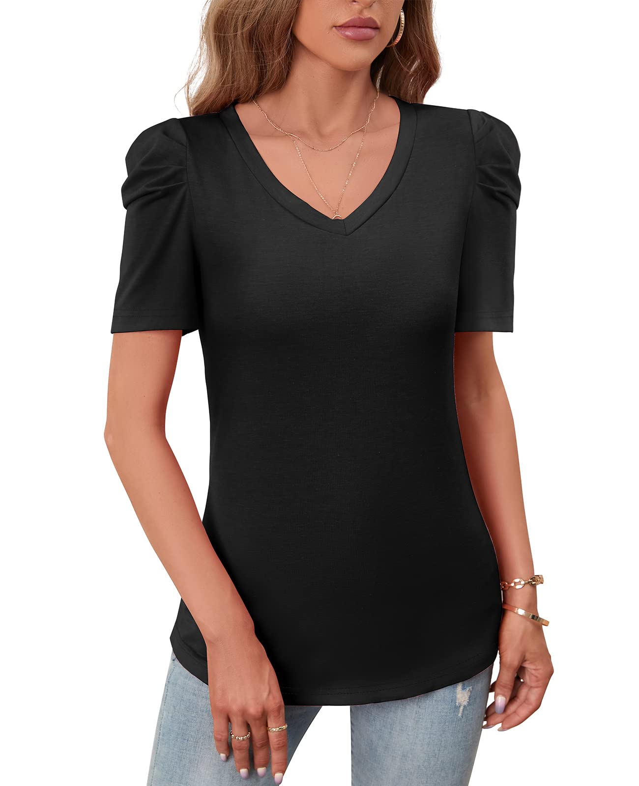Women's Summer V-Neck Casual T-Shirt with Puff Sleeves - Breathable Cotton Blouse for Outdoors, Beach & Vacation Wear
