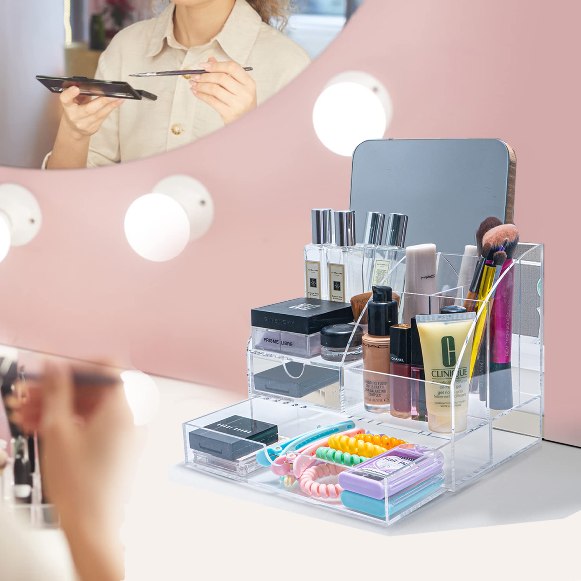 ARCOBIS Clear Acrylic Desk Organizer with 5 Compartments & 2 Sliding Drawers - Office Desktop Storage for Pens, Stationery, Paper Clips - Perfect for Home Office, School, and Workspace Organization