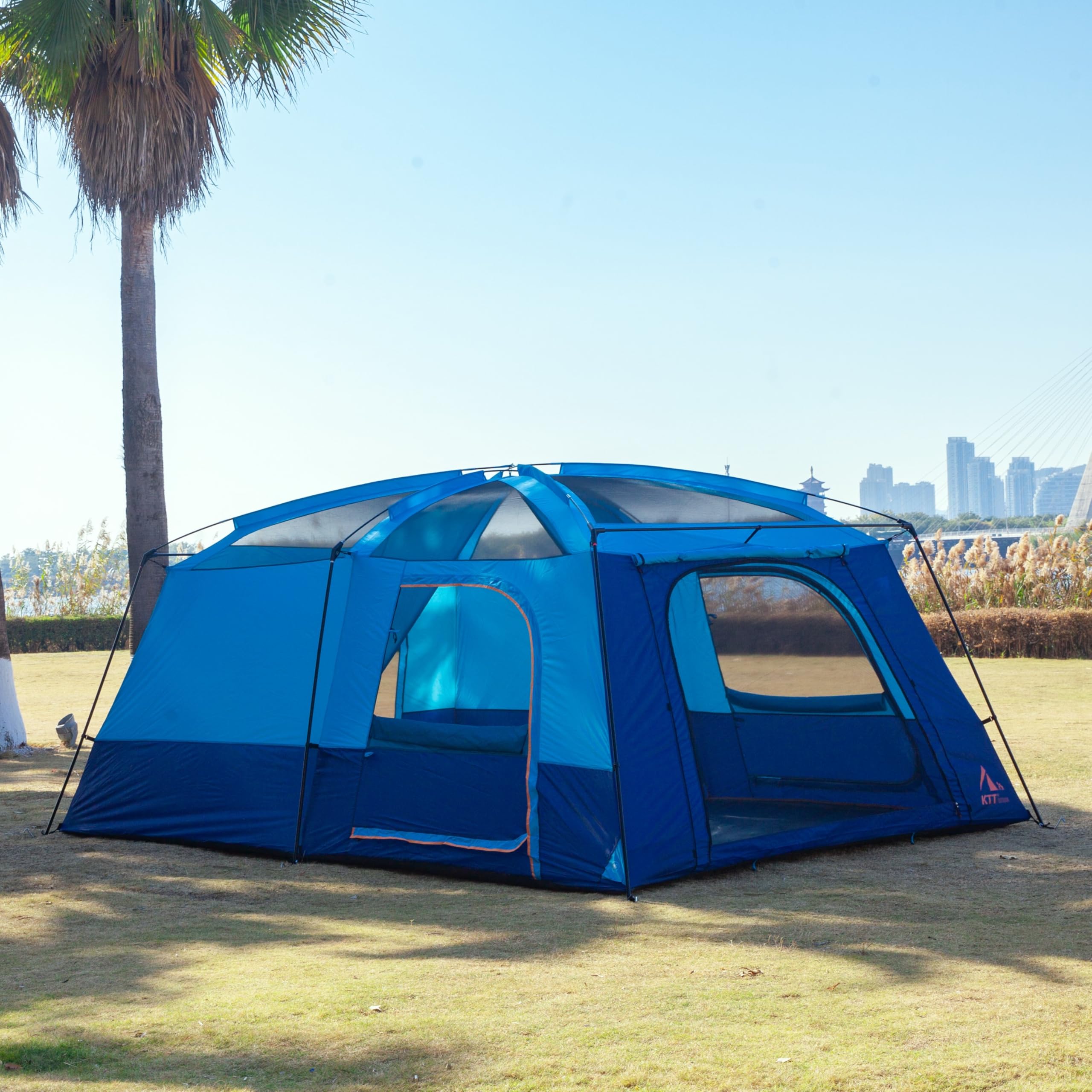 KTT Extra Large Family Cabin Tent for 10-12-14 People - 2 Rooms, 3 Doors & 3 Windows with Mesh, Straight Wall Design, Waterproof Double Layer - Perfect for Camping, Picnics, Outdoor Adventures & Family Gatherings