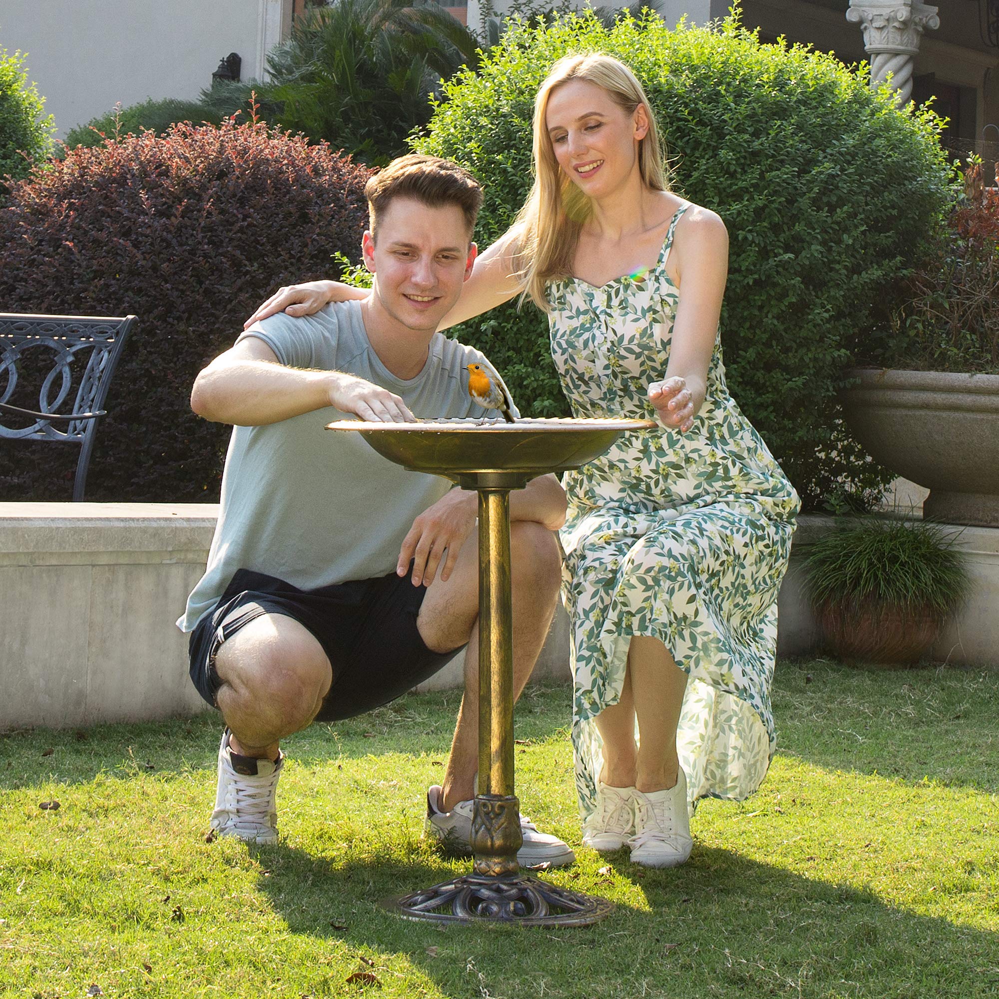 VIVOHOME Antique Outdoor Copper Garden Bird Bath with Solar Powered Fountain - 28 Inch Polyresin Birdbath & Pond Combo Set for Patio, Lawn, and Backyard Decor