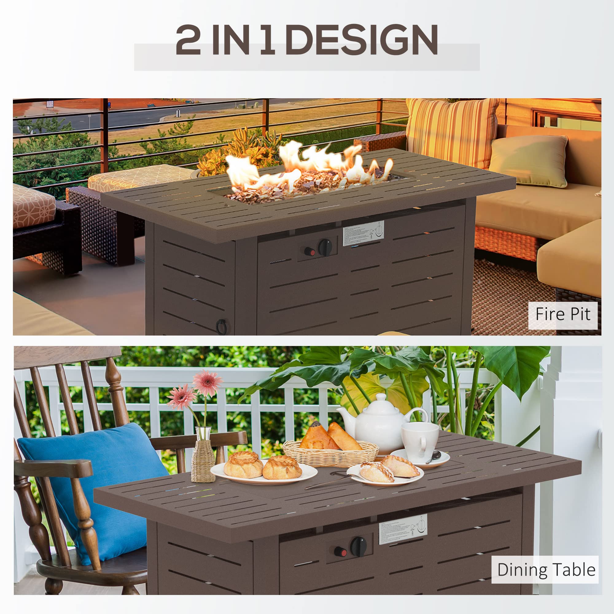Outsunny 42 Inch Outdoor Propane Fire Pit Table - 50,000 BTU Auto-Ignition Rectangular Gas Fire Pit with Slat Tabletop, Lid, Lava Rocks & Rain Cover - CSA Certified Brown Patio Heater for Backyard, Deck, Garden & Outdoor Gatherings