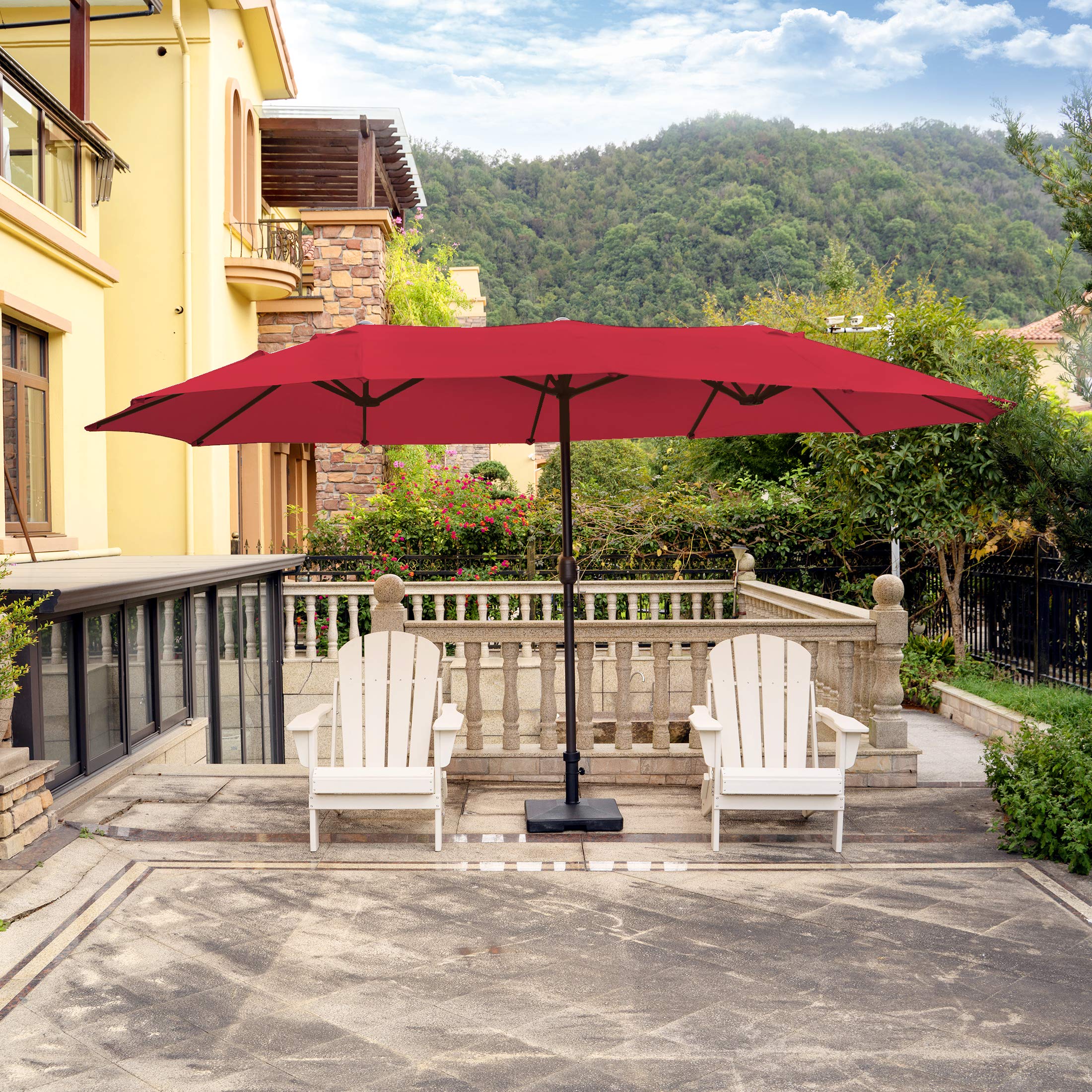 WO Home Furniture 15' x 9' Extra Large Patio Umbrella - Twin Double Canopy for Outdoor Dining, Poolside Lounging & Backyard Shade
