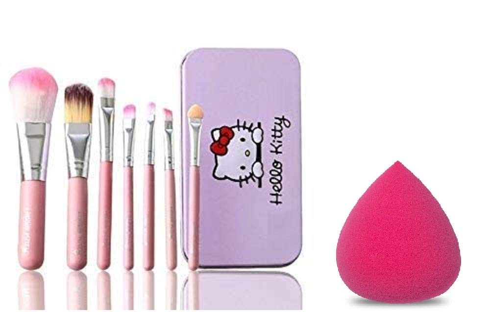 AVEU 7-Piece Makeup Brush Set with Hello Kitty Print Box & Beauty Blender Puff - Pink | Professional Cosmetic Brushes for Foundation, Blush, Eyeshadow | Perfect Gift for Makeup Lovers & Beginners
