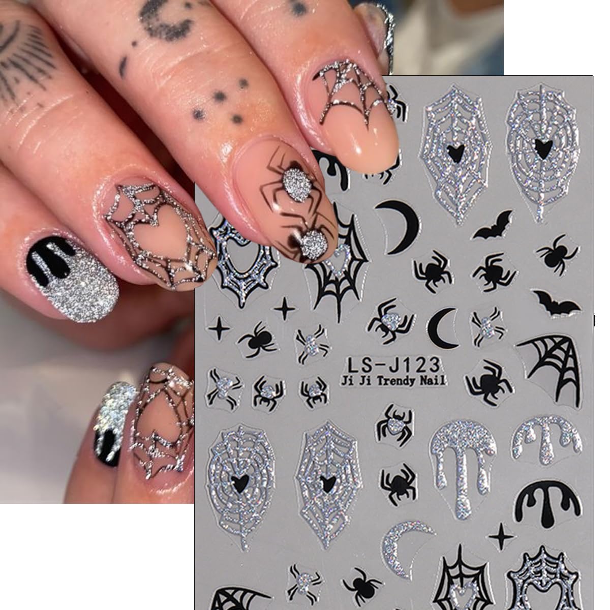 3D Halloween Nail Stickers - Spider Web, Bat, Skull, Black Silver Spider & Pumpkin Nail Art Decals - Self-Adhesive French Manicure Supplies for Women (6Pcs) - Perfect for Halloween Parties, Costume Events & Spooky Nail Designs