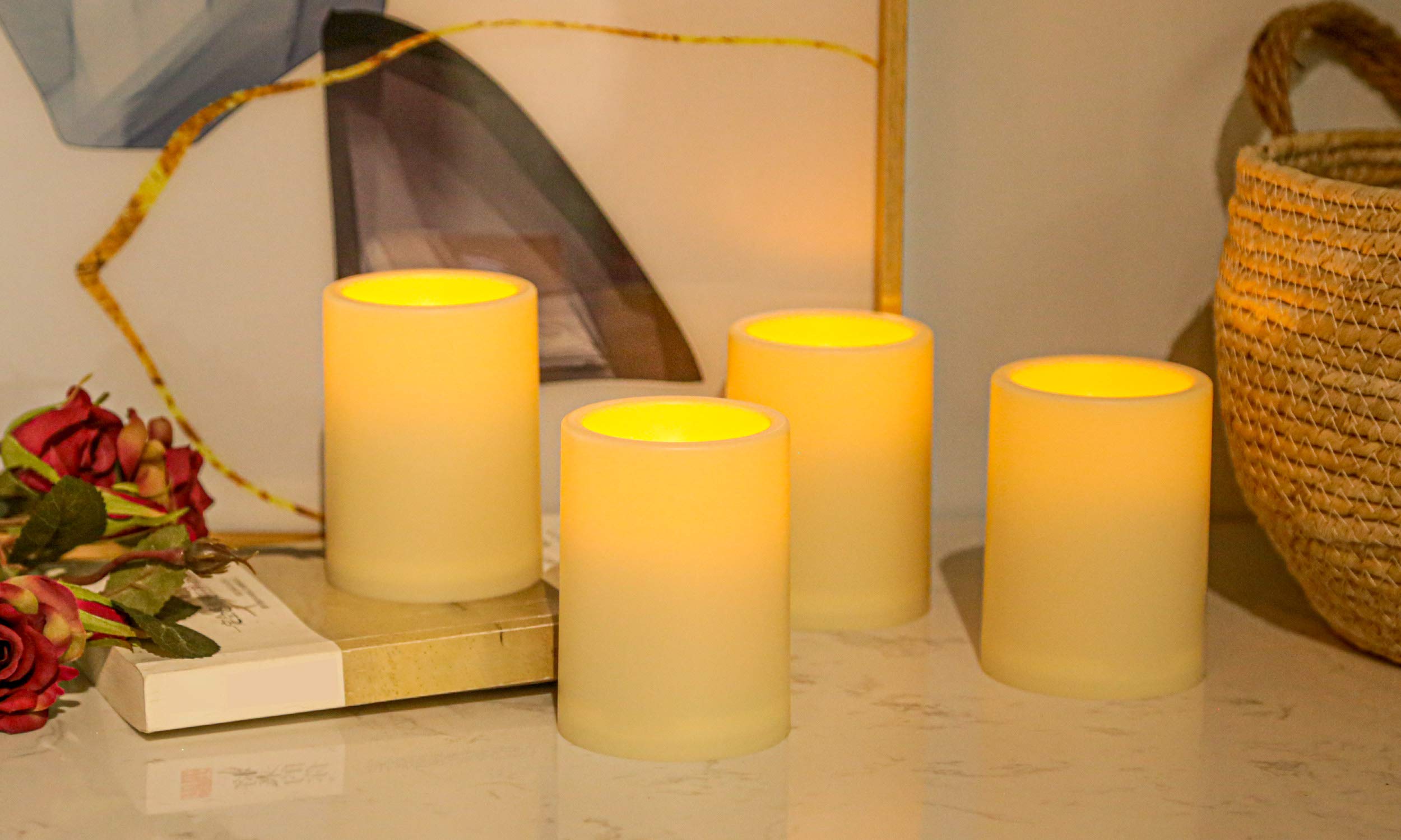 4 Pack Battery Operated Flameless LED Flickering Candles with Remote & Timer - 3x4 Inch Ivory Plastic Pillar Candles for Home Decor, Wedding, Party, Christmas Indoor & Outdoor Lighting