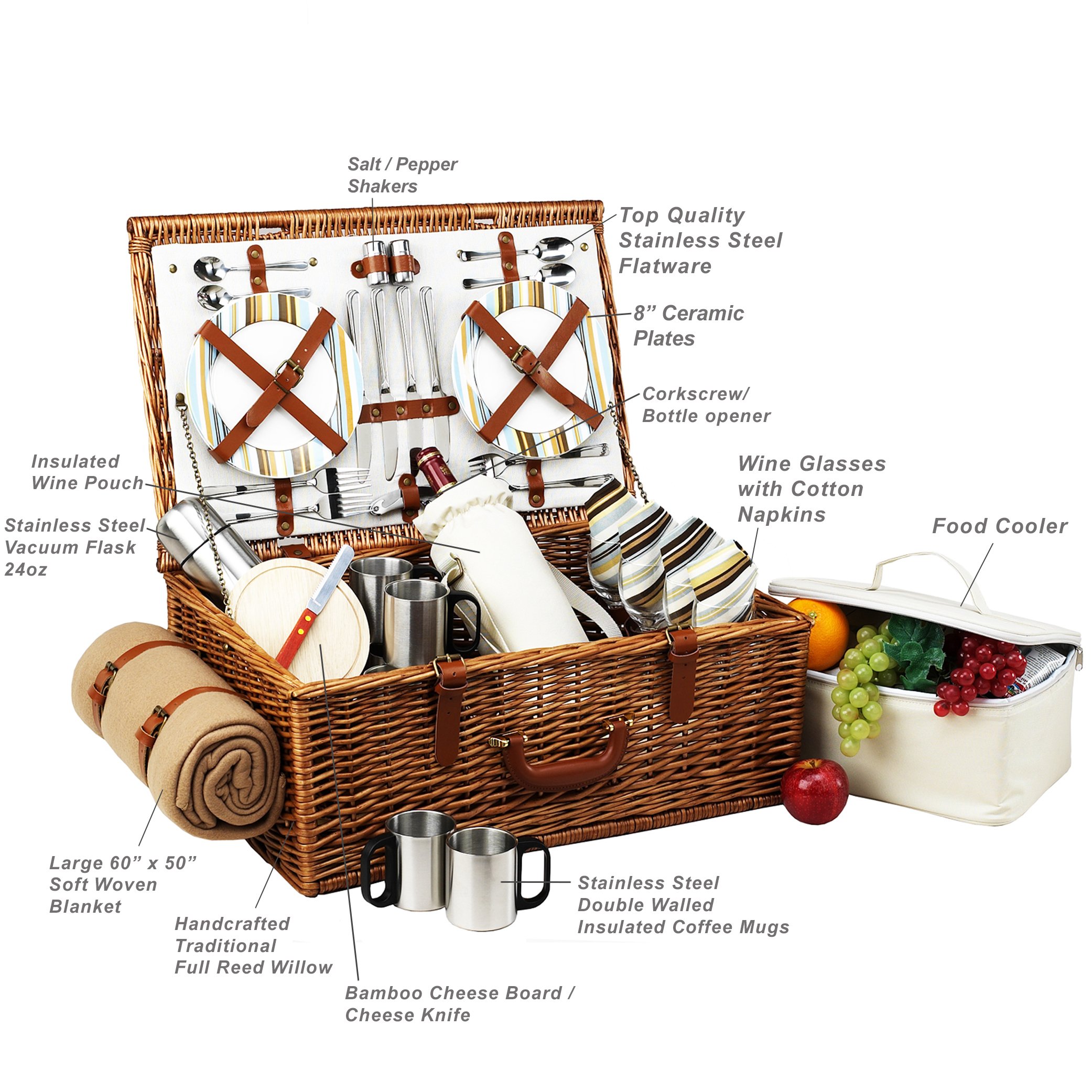 Premium English-Style Willow Picnic Basket Set for 4 - Includes Coffee Service & Blanket | Perfect for Outdoor Gatherings, Beach Trips & Garden Parties | Santa Cruz Collection