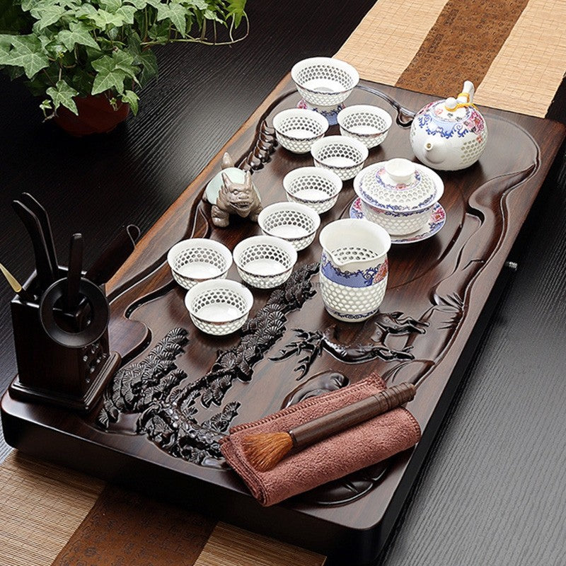Premium Pine Deer Gongfu Tea Set with Ebony Tea Tray - Traditional Chinese Ceramic Teapot & Cups for Home Tea Ceremony, Gift, or Meditation