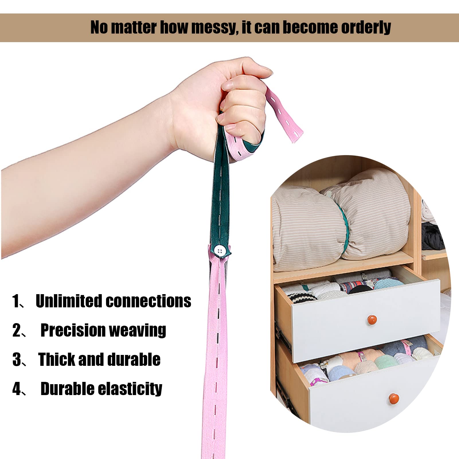 20Pcs Elastic Storage Bands with Buttonholes - Space Saving Closet Organizer for Bed Sheets, Blankets, Comforters & Sweaters | Drawer & Wardrobe Organization System | Perfect for Home, Travel & Laundry Storage (Pink)