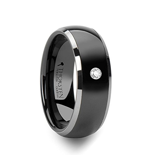 Glendale Domed Black Ceramic Ring with Tungsten Edges & White Diamond - 8mm Wedding Band for Men, Durable & Scratch-Resistant Jewelry Gift for Anniversary, Engagement or Special Occasions