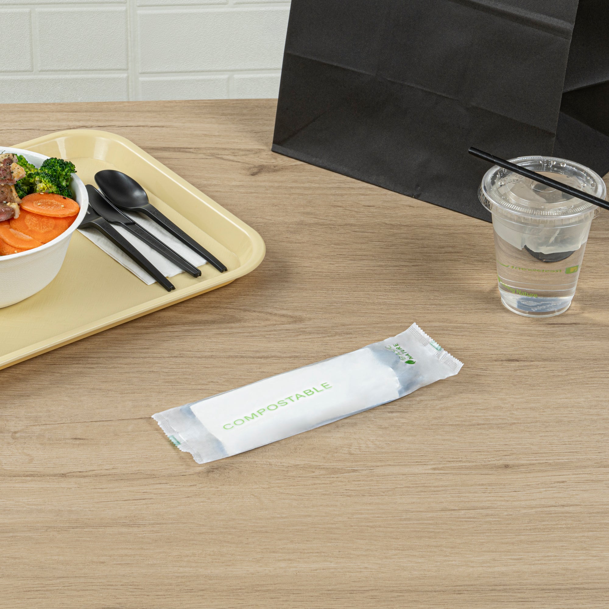Eco-Friendly Black CPLA Plastic Cutlery Set - 100-Piece Compostable Utensils with Heat-Resistant Forks, Knives & Spoons | Includes Biodegradable Wrapper & White Napkins | Perfect for Parties, Picnics & Takeout Meals