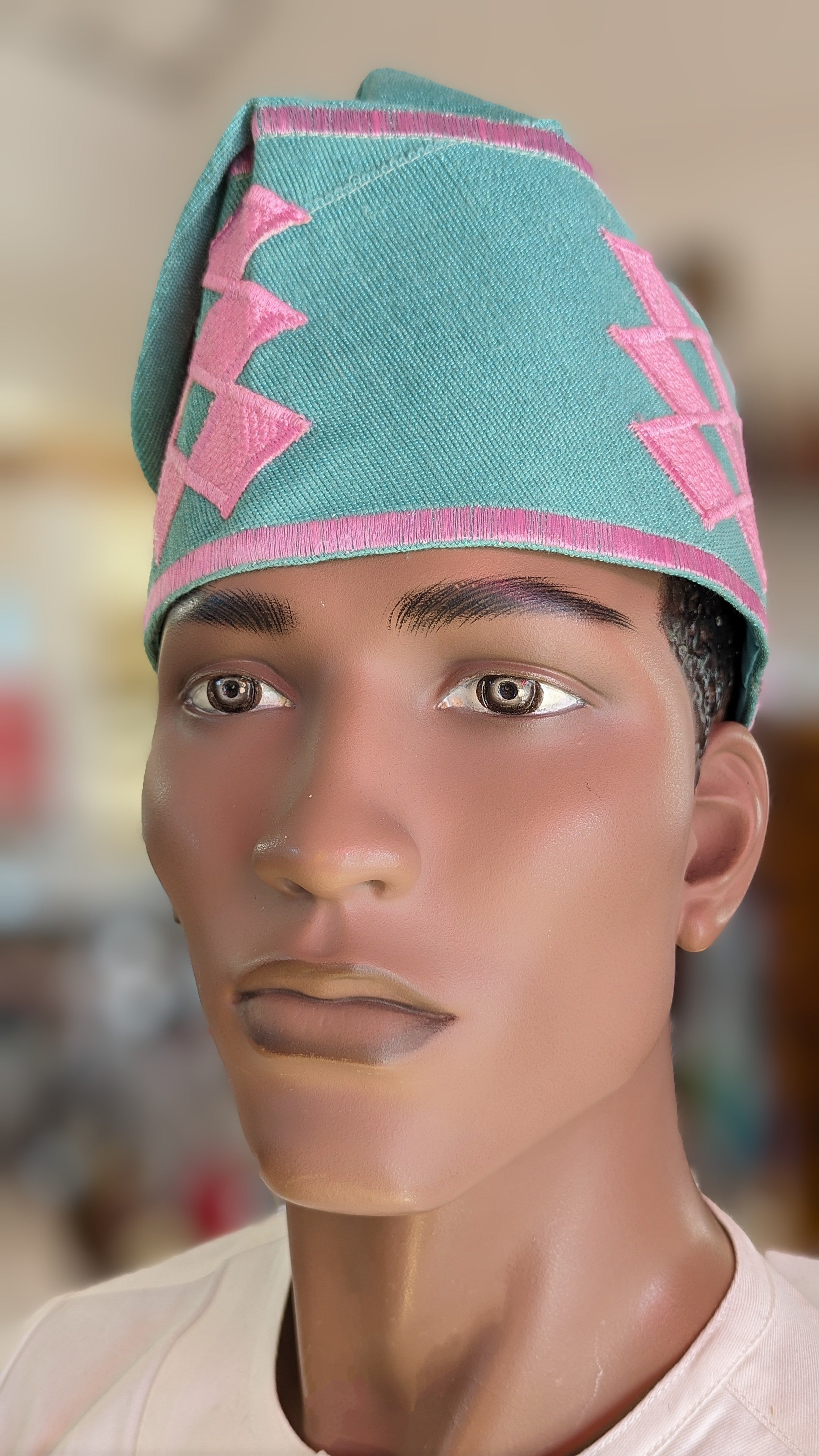 Dupsie's Light Green & Pink Embroidered Fila Handwoven Kufi Hat - Breathable Cotton, Adjustable Fit for Men & Women - Perfect for Prayer, Cultural Events & Everyday Wear (DPHLGP11)