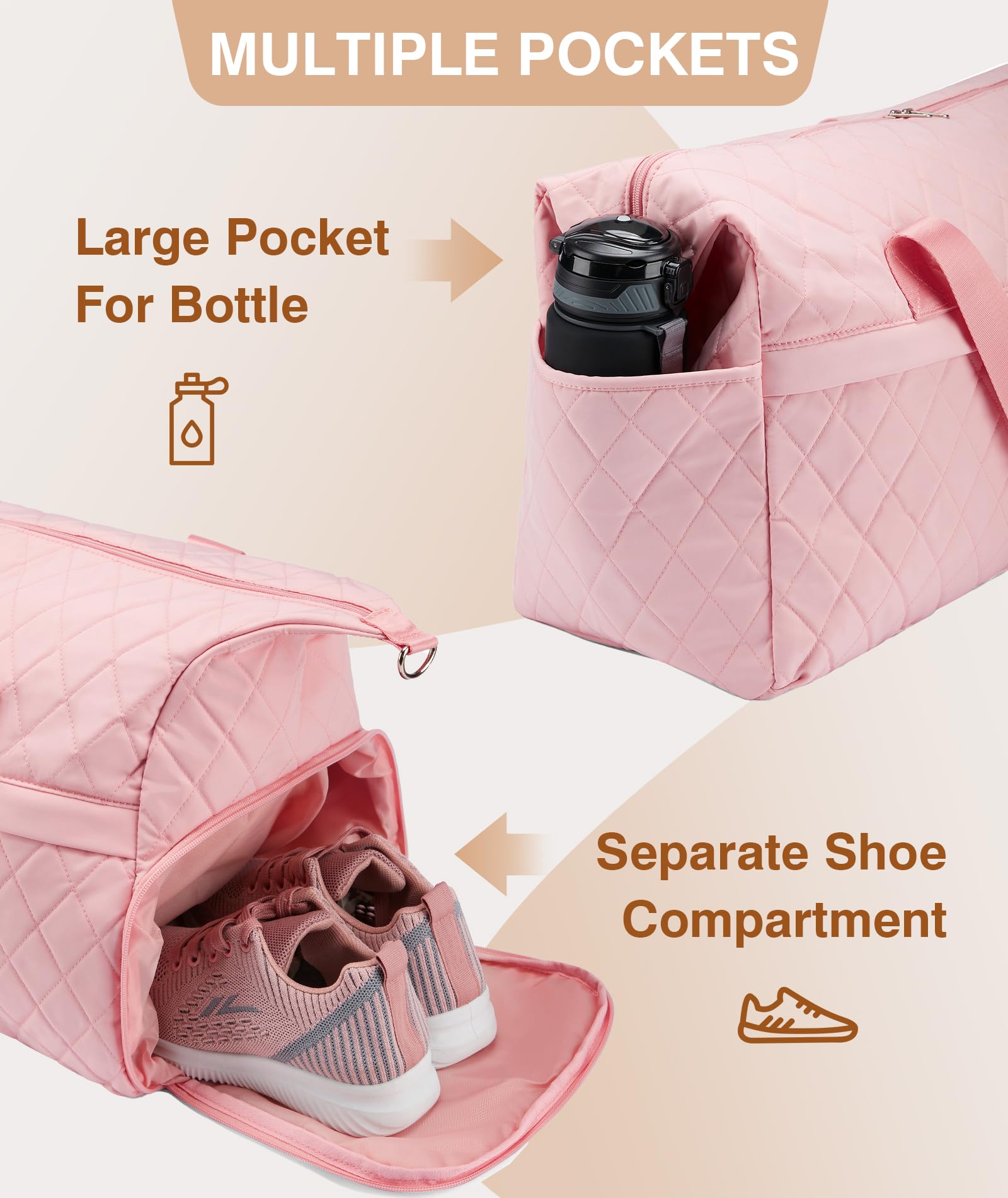 Marvolia Women's Quilted Duffle Bag - Large Travel Weekender Overnight Bag with Shoe Compartment & Toiletry Pouch - Pink Carry-On for Business Trips, Gym, Sports & Weekend Getaways