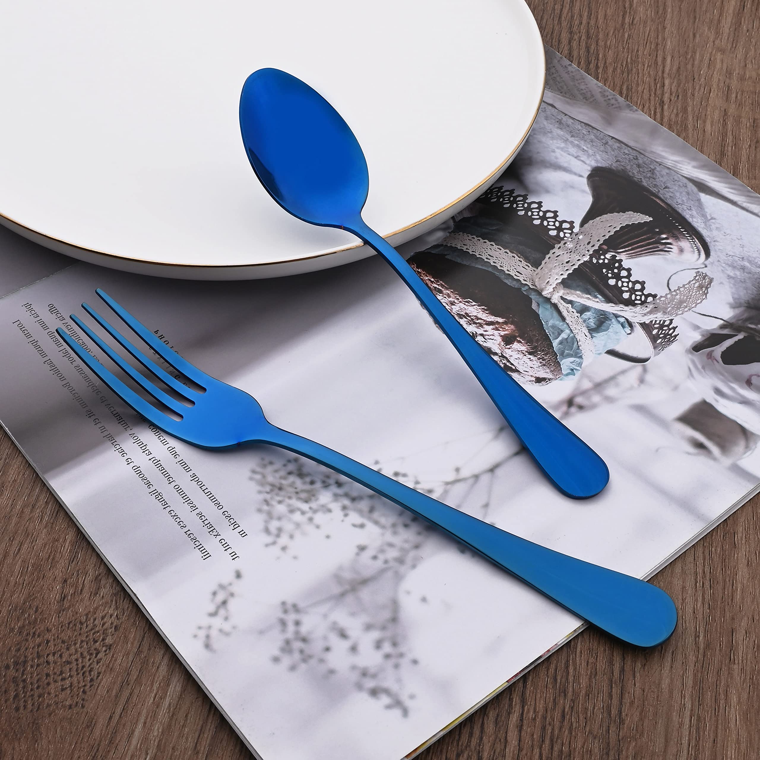 12-Piece Blue Stainless Steel Flatware Set - Mirror Polished Dinner Forks & Spoons (8 Inch, Dishwasher Safe) - Elegant Tableware for Restaurants, Weddings & Home Dining