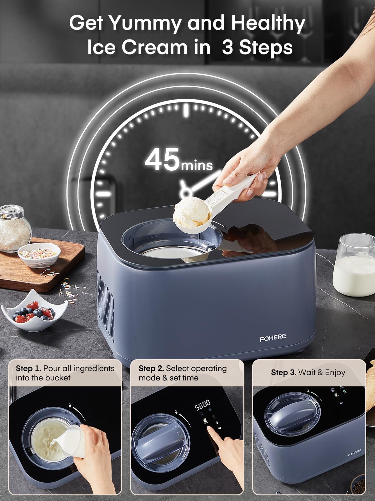 1.2-Quart Automatic Ice Cream Maker with Compressor - No Pre-Freezing, 4 Modes, LCD Display & Timer - Perfect for Homemade Gelato, Frozen Yogurt, Sorbet - Ideal for Parties, Family Gatherings, and Summer Treats