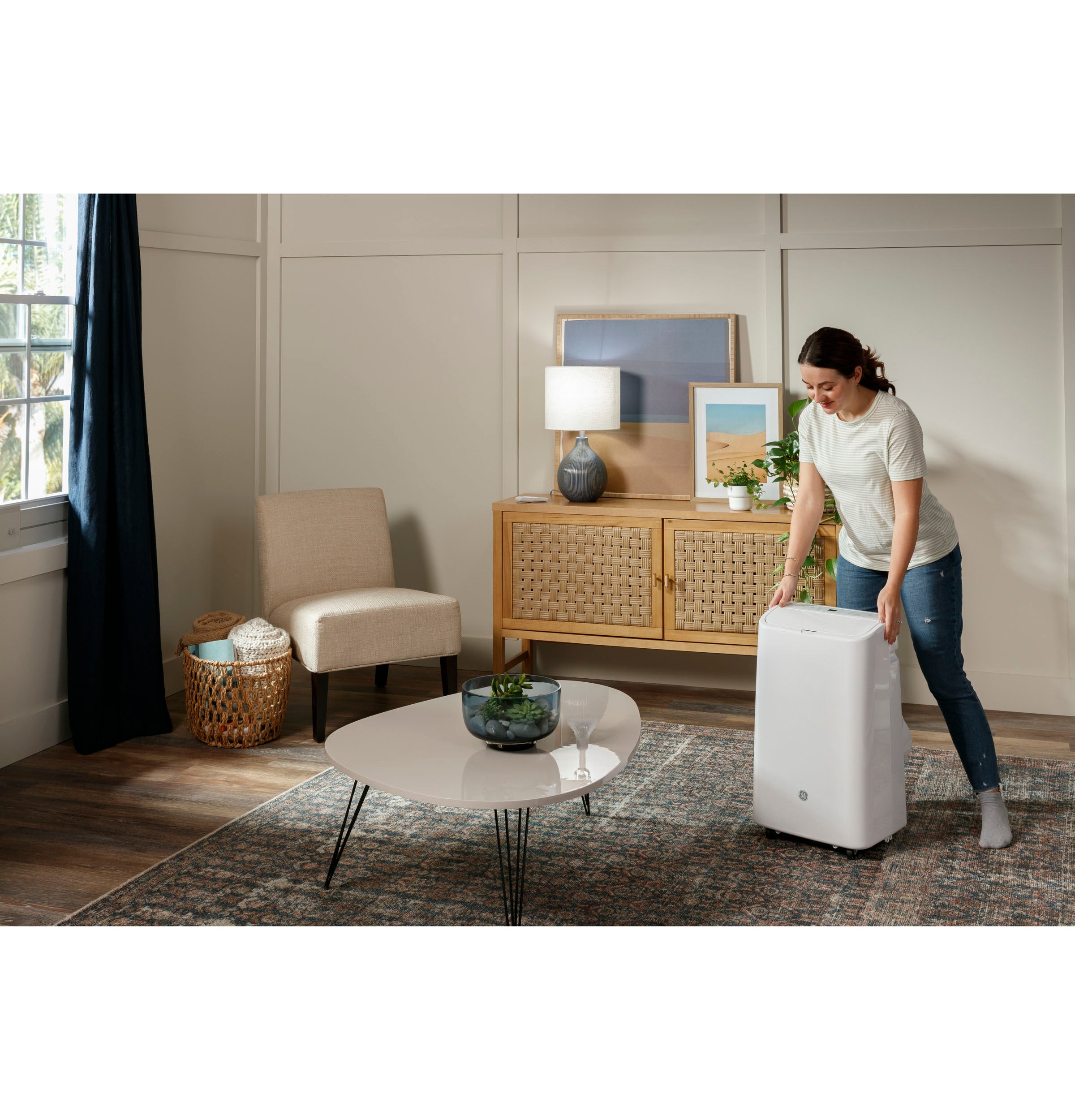 GE 8,000 BTU 115V 3-in-1 Portable Air Conditioner with WiFi - Cools Medium Rooms Up to 350 Sq.Ft - White (APWD08JAWW) - Perfect for Bedrooms, Offices & Small Apartments