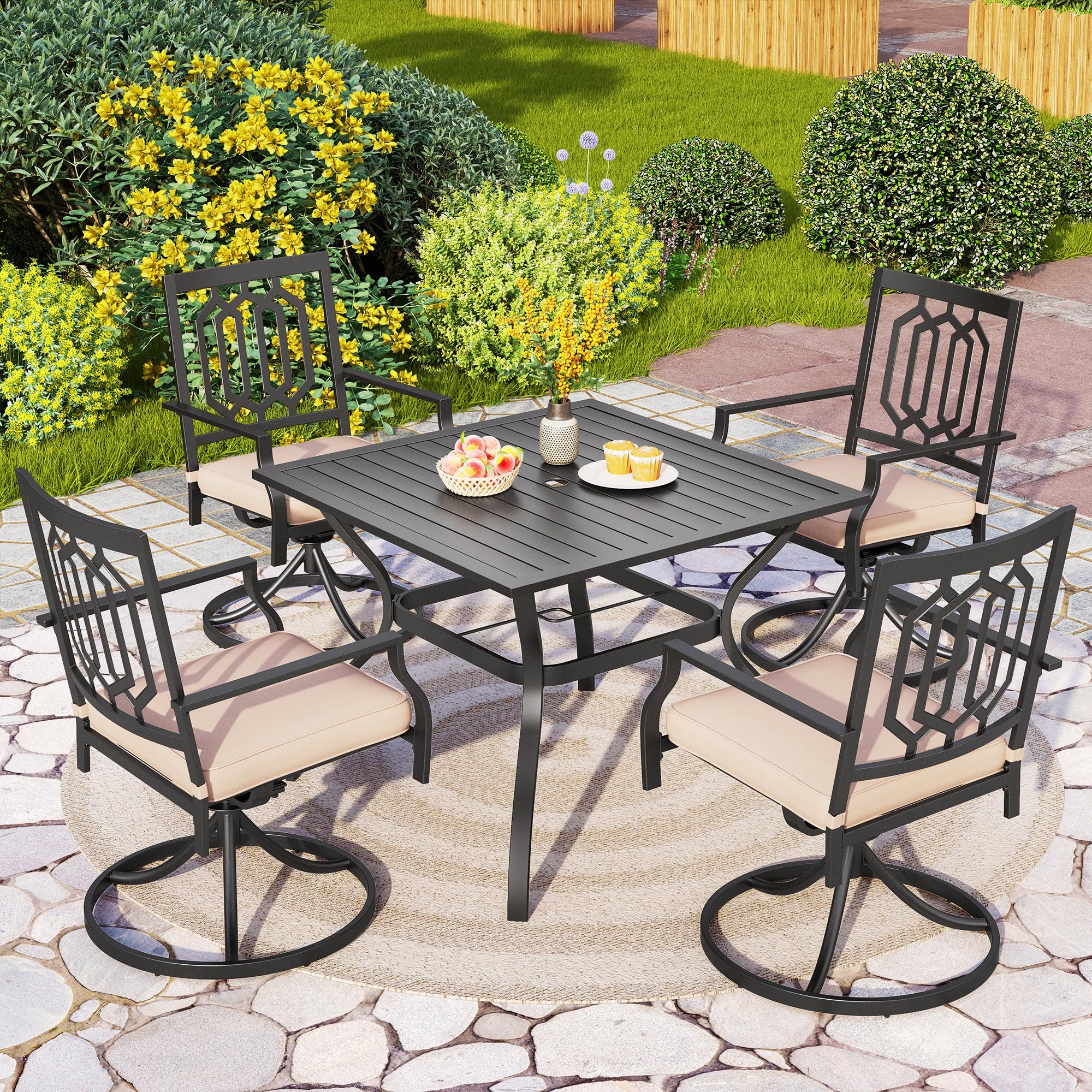 PHI VILLA 2-Piece Outdoor Metal Swivel Rocking Chair Set with Cushions - Patio Dining Chairs for Garden, Backyard, Bistro - Weather-Resistant Black Furniture (Perfect for Relaxing, Entertaining & Outdoor Dining)