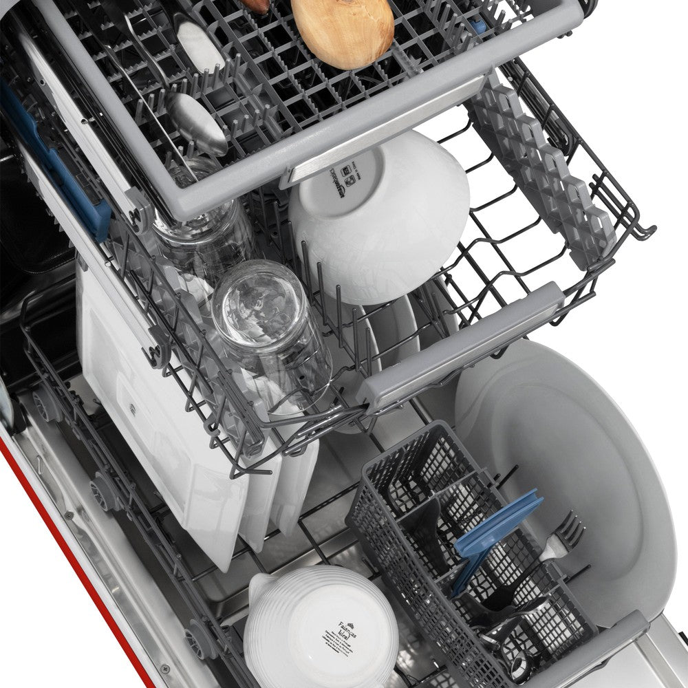 ZLINE 18 Inch Tallac Series 3rd Rack Top Control Dishwasher - Stainless Steel Tub with Red Matte Panel, 51dBa (DWV RM 18) | Perfect for Modern Kitchens, Small Spaces & Energy-Efficient Homes