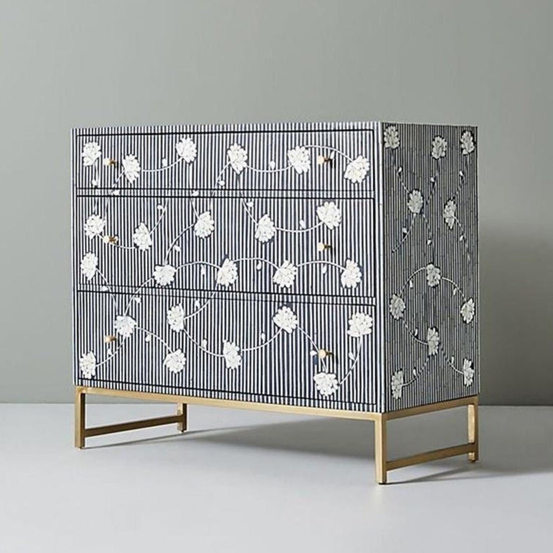 Handmade Bone Inlay Dresser with Floral Design - 3 Drawer Navy Blue Chest with Brass Stand - Perfect for Bedroom, Living Room & Home Decor Storage