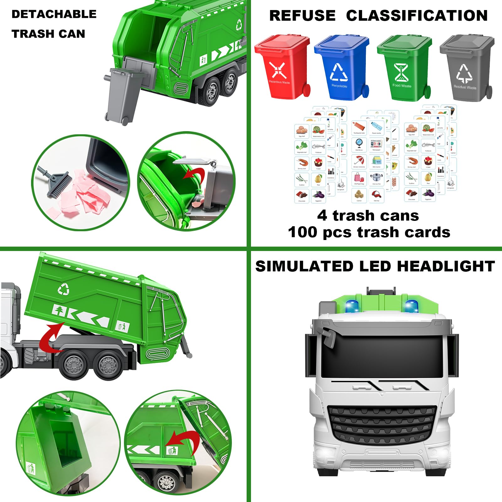 2.4GHz Remote Control Garbage Truck Toy with 4 Trash Cans & 6-Channel RC - Includes 100pcs Waste Sorting Cards - Educational Recycling Vehicle for Kids Ages 3+ - Perfect for Pretend Play, Waste Management Learning & STEM Education