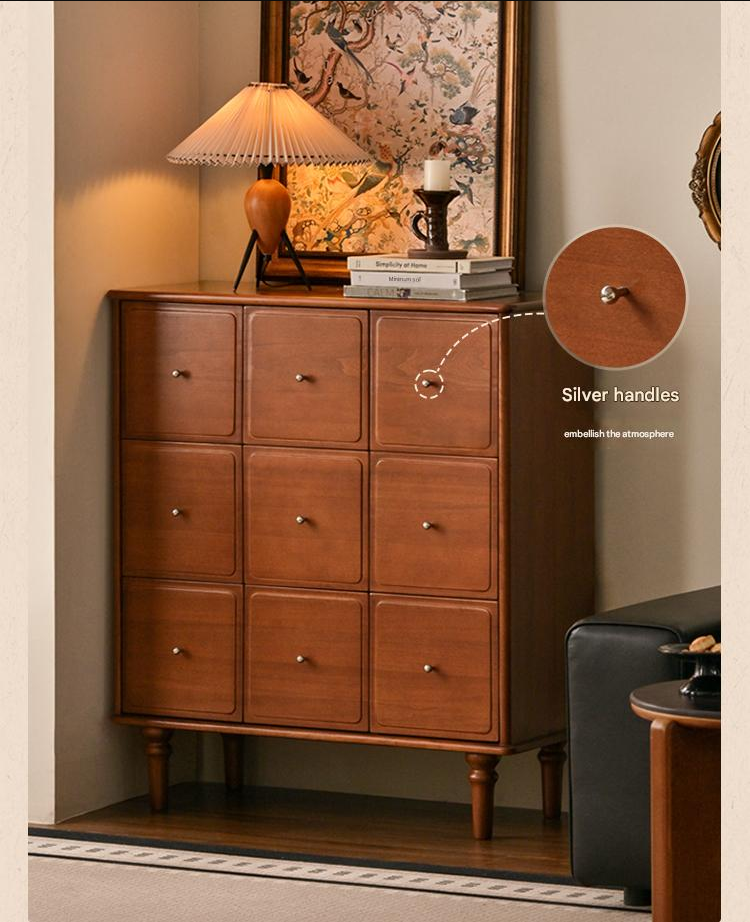 Vintage French Retro 9-Drawer Solid Poplar Wood Cabinet - Elegant Storage for Bedroom, Living Room & Office