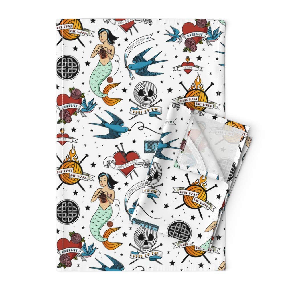Printed Tea Towel - Linen Cotton Canvas Kitchen Towel with Knitting Tattoo Mermaid Rockabilly Retro Needles Design | Novelty Decorative Dish Towel for Cooking, Baking & Kitchen Decor