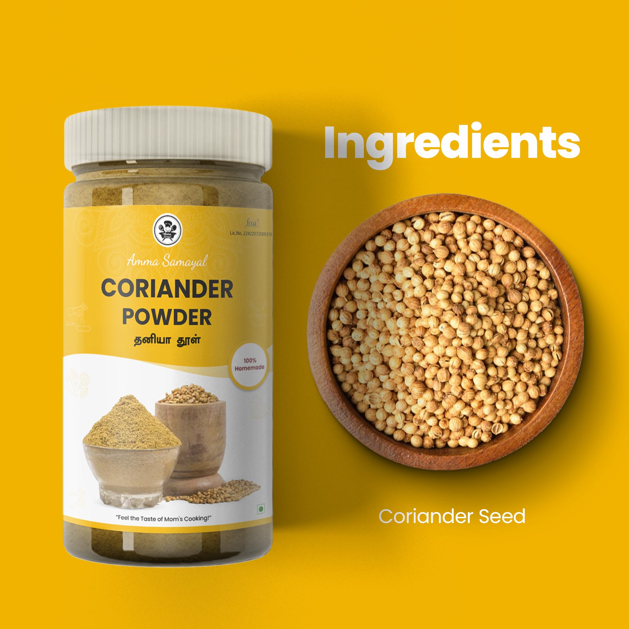 Amma Samayal 100% Homemade Traditional Coriander Powder (Dhania/Kothamalli) - 500g | Authentic Indian Spice for Cooking, Curry & Masala | Perfect for Biryani, Dal & South Indian Dishes