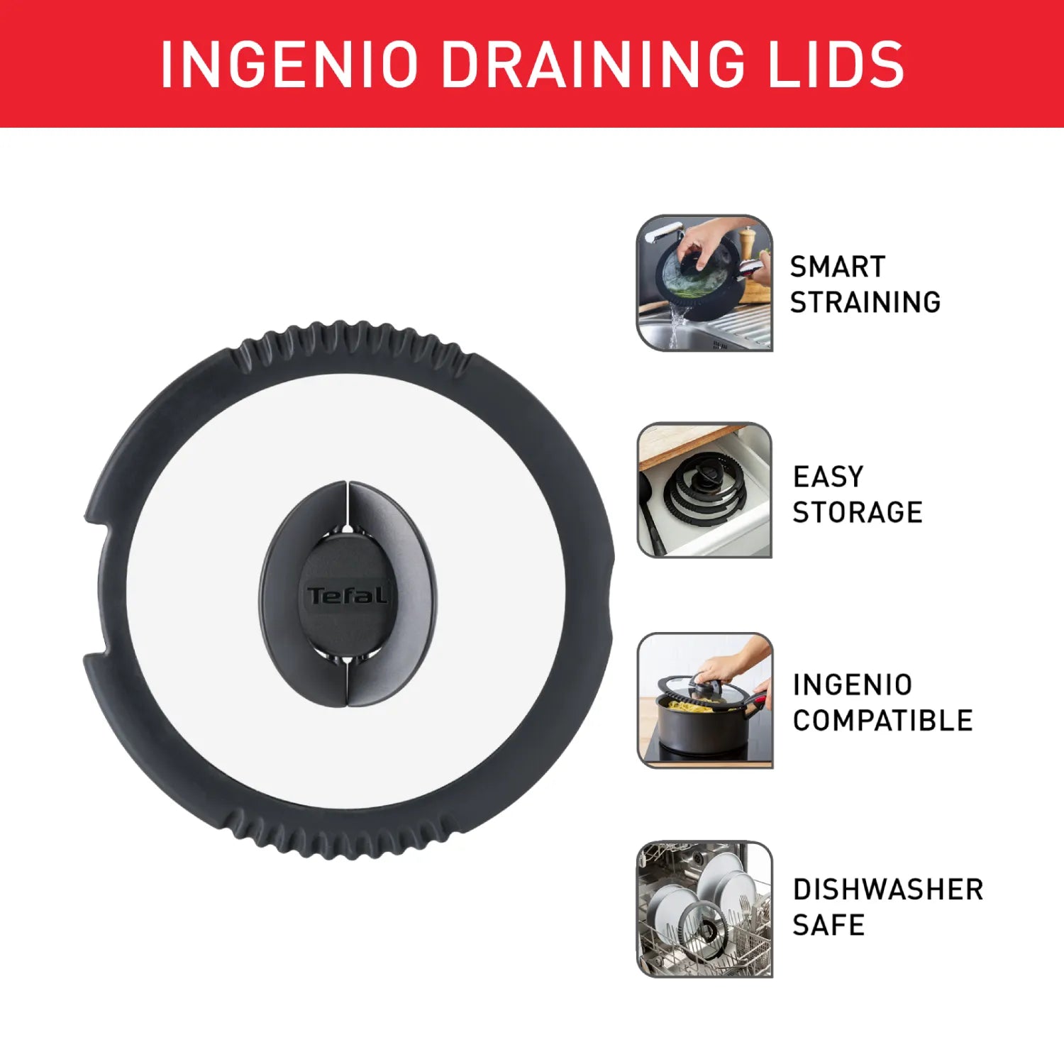Tefal Ingenio 3-Piece Draining Lid Set (16cm, 18cm, 20cm) - Universal Pot Covers for Strain Pasta, Vegetables & More - Perfect for Cooking, Draining & Serving