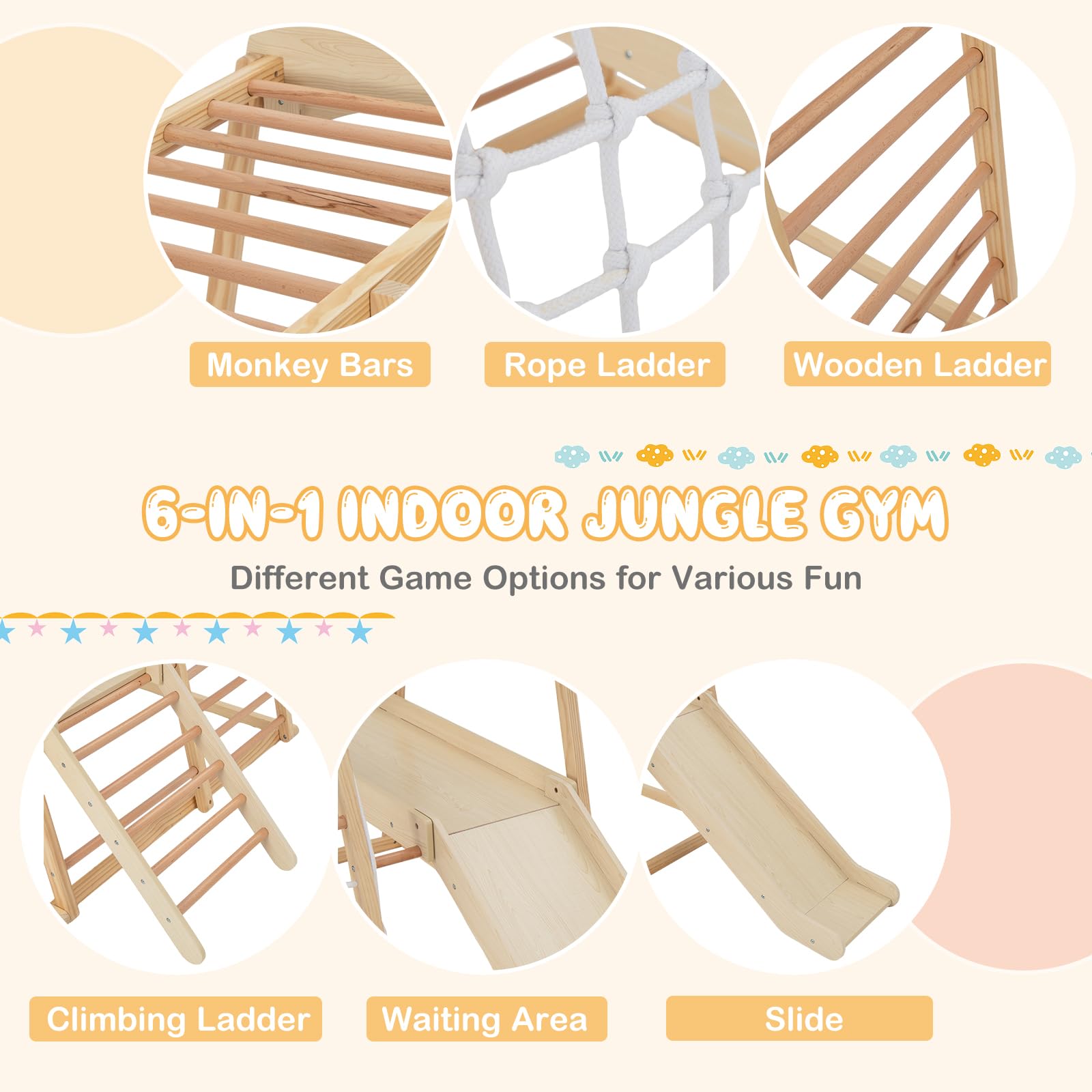 Costzon 6-in-1 Indoor Jungle Gym for Toddlers - Montessori Climbing Toys with Slide, Climbing Net & Monkey Bars - Wooden Playground Climber Playset for Kids - Perfect Gift for Birthday & Christmas - Ideal for Home Playrooms, Daycares & Preschools