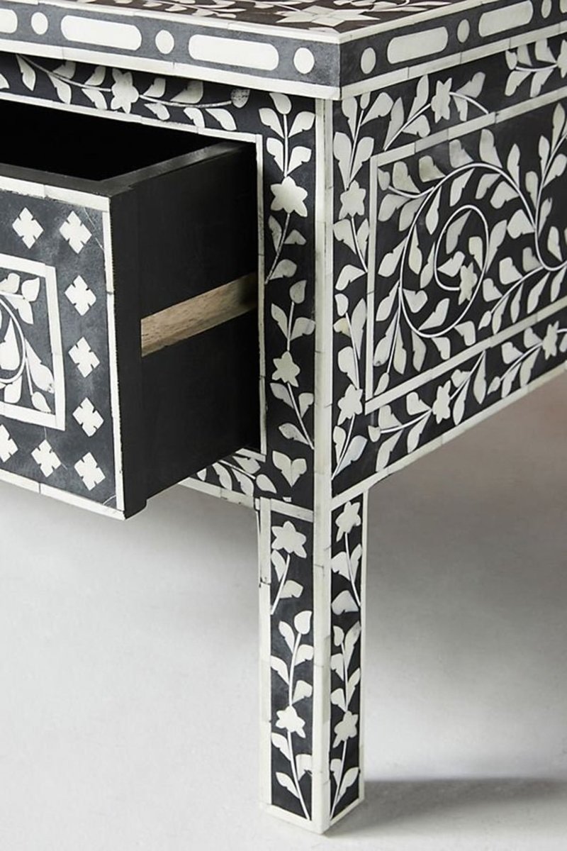 Handmade Bone Inlay Floral Design Black Two-Drawer Small Coffee Table - Perfect for Living Room, Bedroom & Office Decor