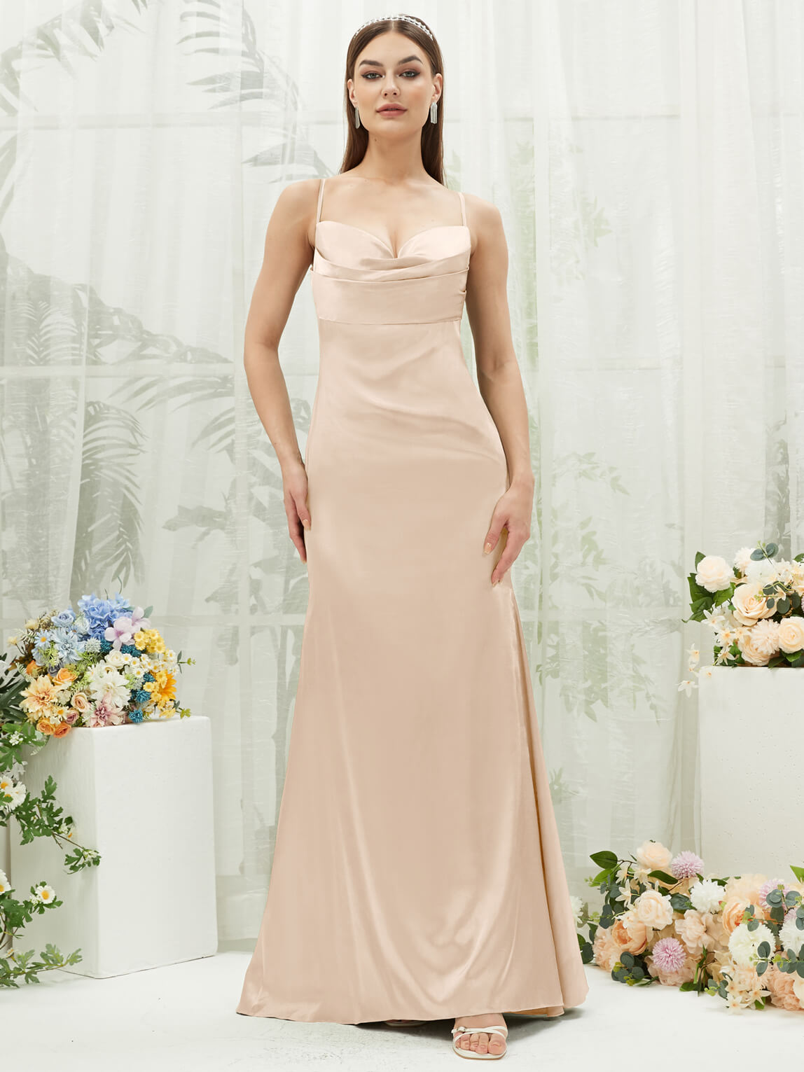 Elegant Champagne Satin Cowl Neck Backless Long Bridesmaid Dress with Adjustable Straps - Perfect for Weddings, Formal Events & Evening Parties