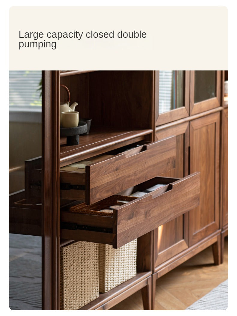 Premium Black Walnut & Ash Solid Wood Bookcase with Dust-Proof Glass Doors - Stylish Home Office & Living Room Storage Solution