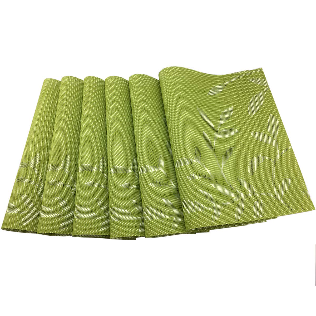 6-Piece PVC Woven Vinyl Placemats Set - Natural Green Leaves Design, Waterproof & Heat-Resistant Table Mats for Dining, Kitchen, and Outdoor Picnics (6 pcs)