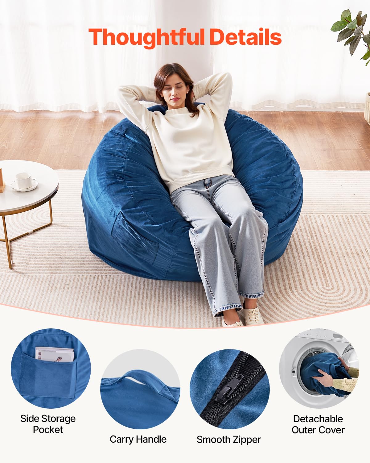 VEVOR Round Bean Bag Chair for Adults - Removable Washable Cover, Dutch Velvet Fabric & High-Density Foam Filling with Handle and Side Pocket - Perfect for Living Room, Bedroom, Office or Dorm - Blue (Home Decor & Comfort Seating)