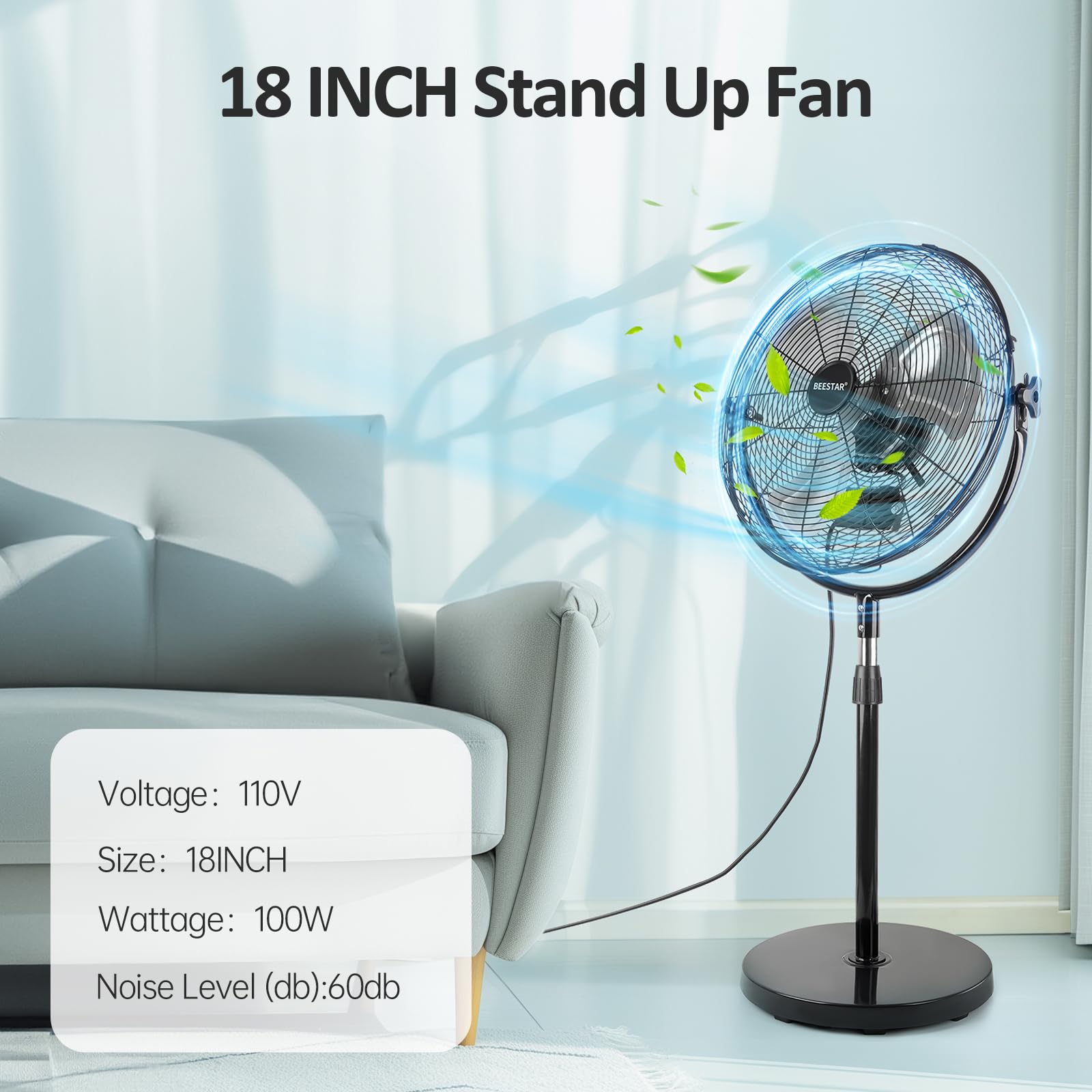 BEESTAR 18 Inch Heavy Duty High Velocity Pedestal Fan - Adjustable Height & Tilt, 3-Speed Metal Industrial Standing Fan for Warehouse, Workshop, Office, Home & Greenhouse Use - Black