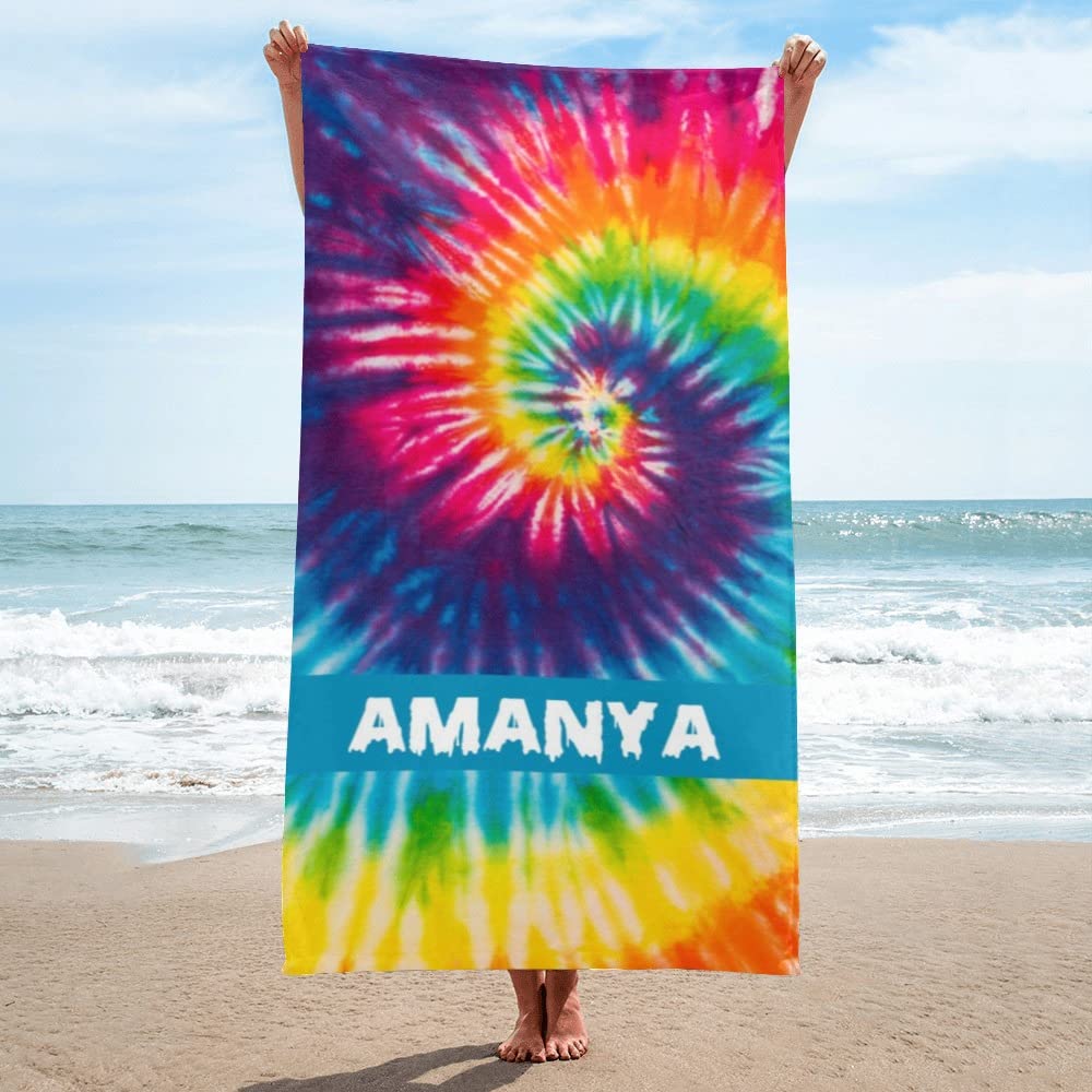 Custom Personalized Beach Towels for Kids - Boys & Girls Mermaid Design, Tie Dye Colors, 30x60 Inch - Perfect for Pool, Beach, and Summer Vacation Gifts