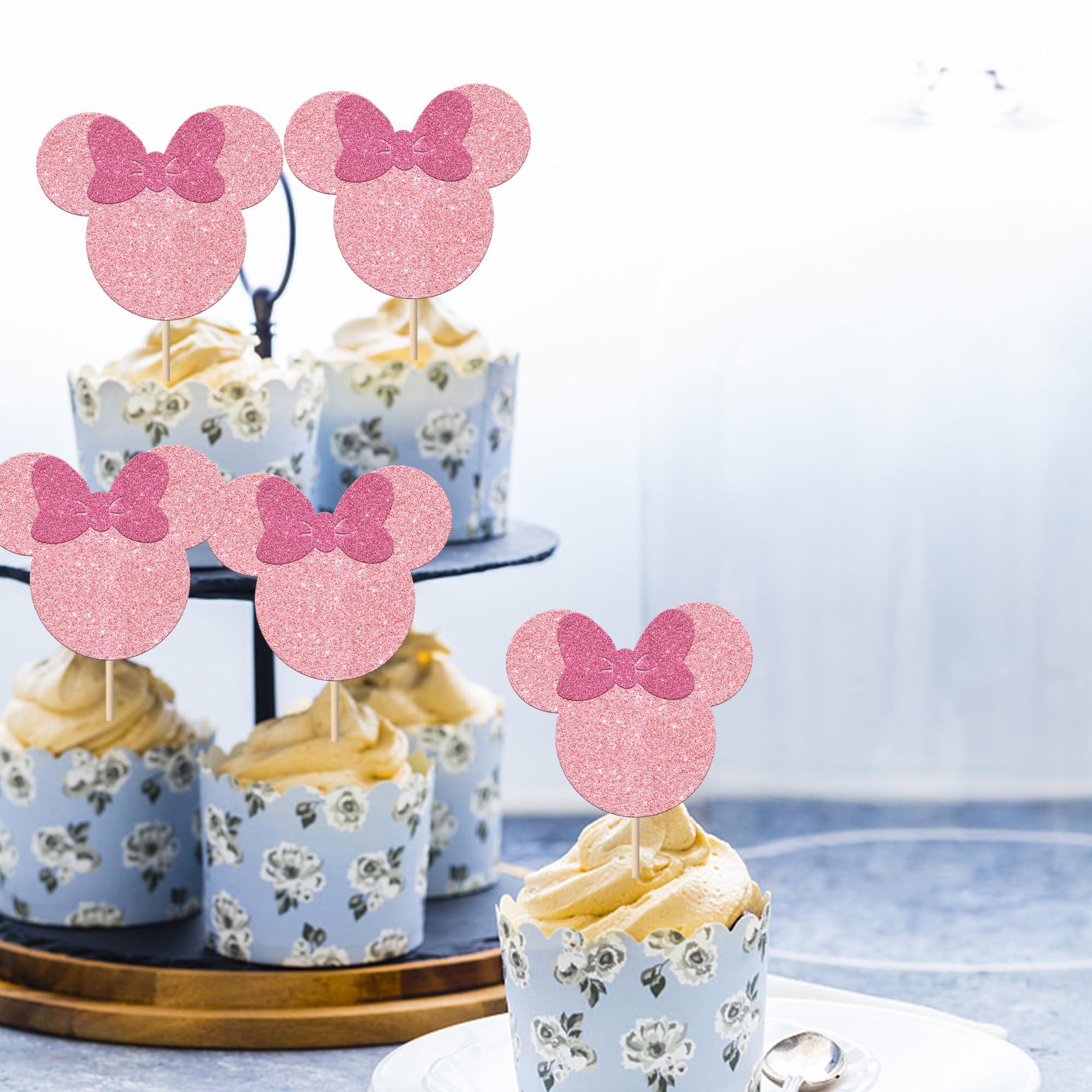 36 Pack Glitter Mouse Cupcake Toppers with Pink Bows - Baby Shower, Wedding & Kids Birthday Party Cake Decorations | Adorable Pink Mouse Picks for Dessert Table, Cupcake Display & Celebration Cakes