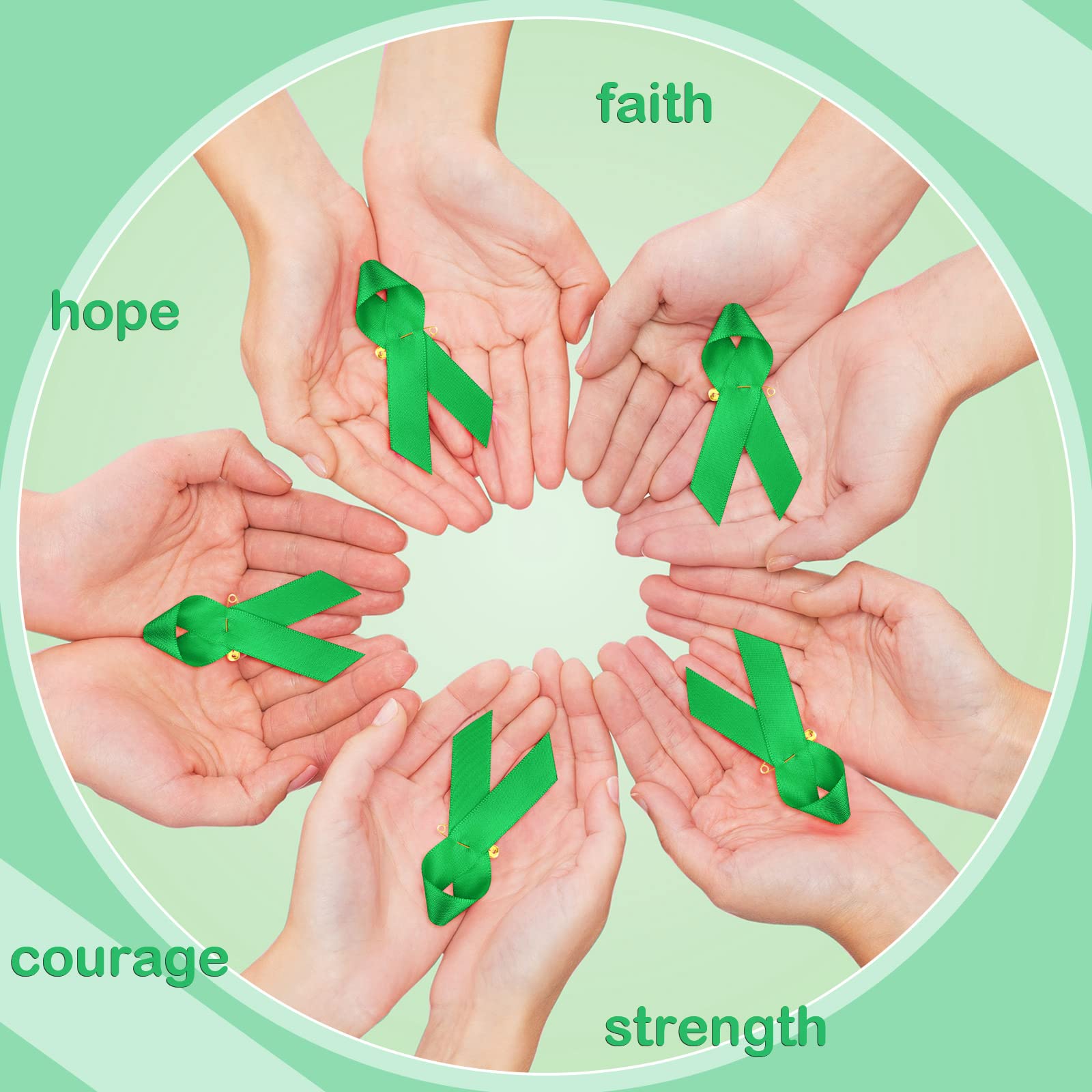 Bulk Green Satin Mental Health Awareness Ribbon Pins - 100pcs Lapel Pins with Safety Pins for Charity Events, Fundraisers & Social Causes - Perfect for Men & Women Supporting Mental Health Awareness Campaigns