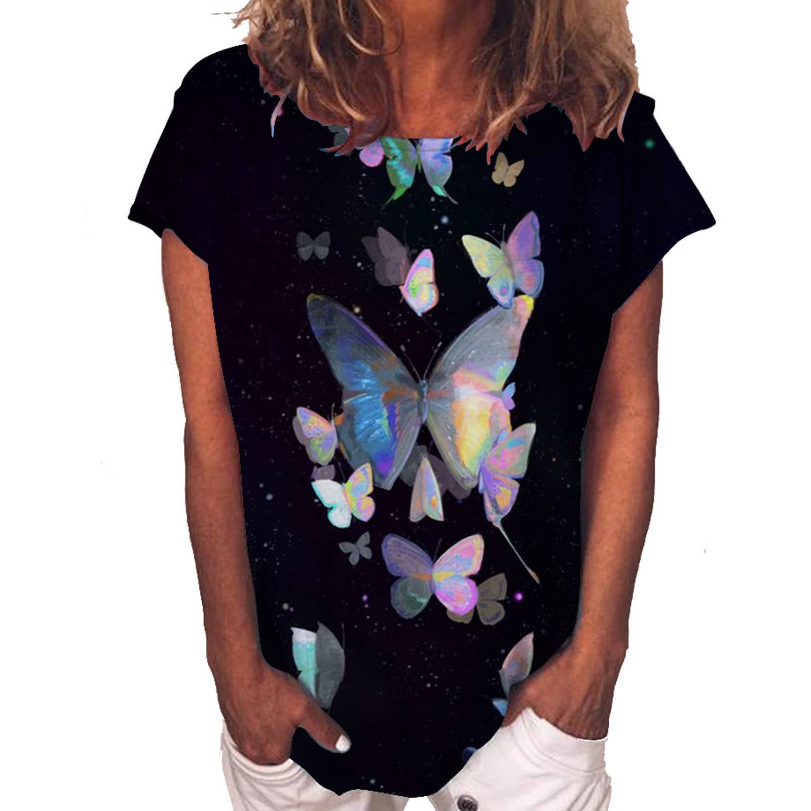 Stylish Women's Summer Tops - Casual Butterfly Sunflower Graphic Tee with Crewneck & Short Sleeve | Fashionable Tunic Blouse for Beach, Vacation & Everyday Wear
