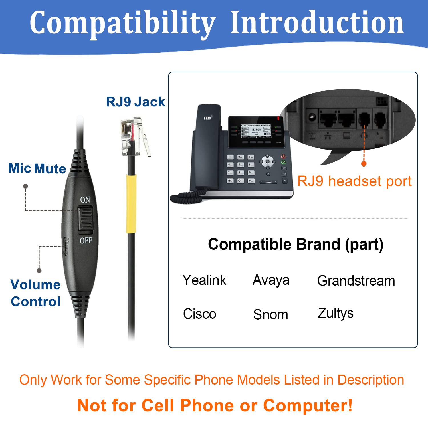 RJ9 Noise Cancelling Wired Headset with Microphone - Compatible with Grandstream GXP1610, Yealink SIP T41P/T42S/T46/T48S, Snom 300/320/712, Avaya 9608/J179, Panasonic Phones - Office & Call Center Use
