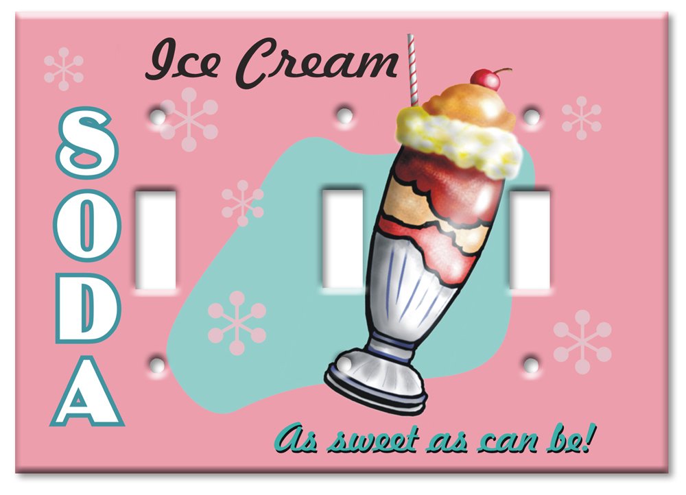 Decorative Ice Cream Soda Switch Plate Cover - Triple Toggle Light Switch Plate - Vintage Style Wall Plate for Home Decor, Kitchen, Bedroom, Living Room