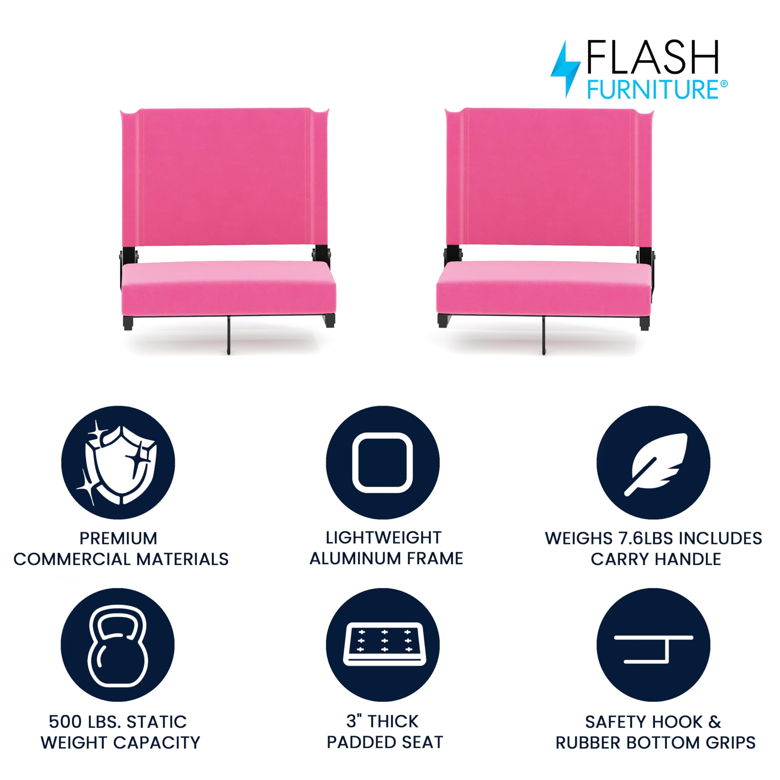 Flash Furniture Grandstand Portable Stadium Seats - 2 Pack Folding Padded Bleacher Chairs with Handle, 500 lb Weight Capacity, Pink | Perfect for Outdoor Sports Games, Concerts, Picnics & Backyard Events