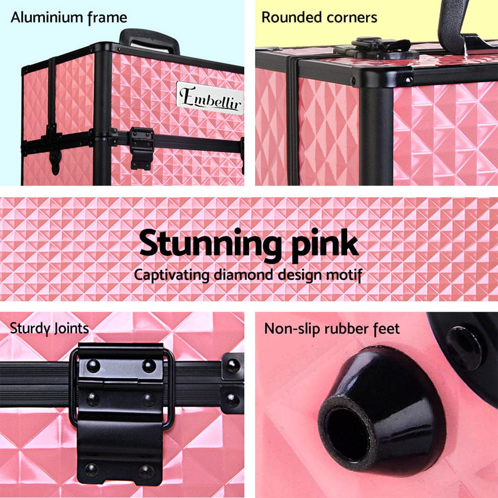 Embellir Portable Cosmetic Beauty Makeup Case - Diamond Pink Travel Organizer for Makeup Brushes & Cosmetics | Perfect for Travel, Home & Salon Use