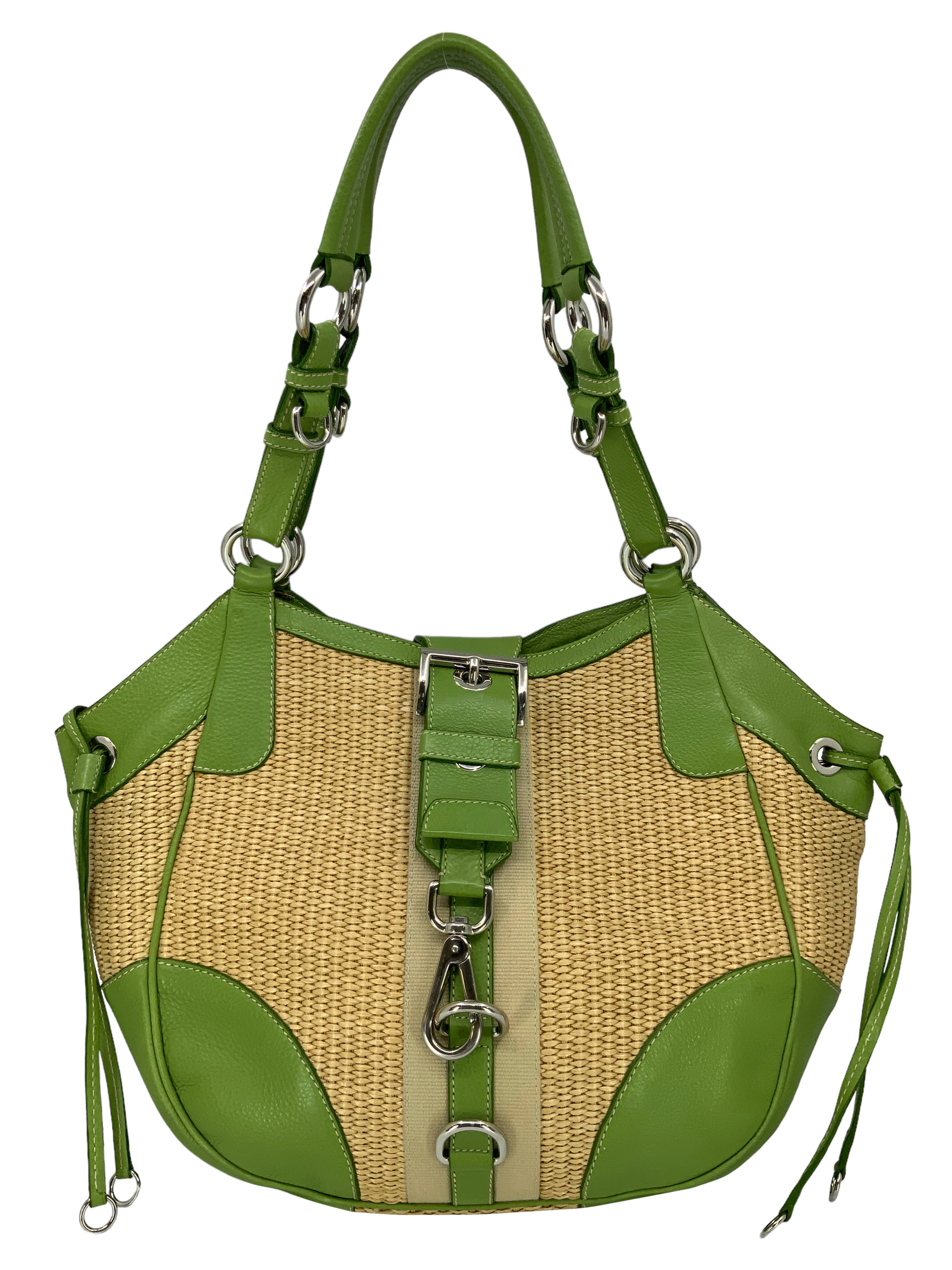PRADA Leather and Straw Shoulder Bag for Women | Luxury Designer Handbag for Summer, Beach, and Casual Outings